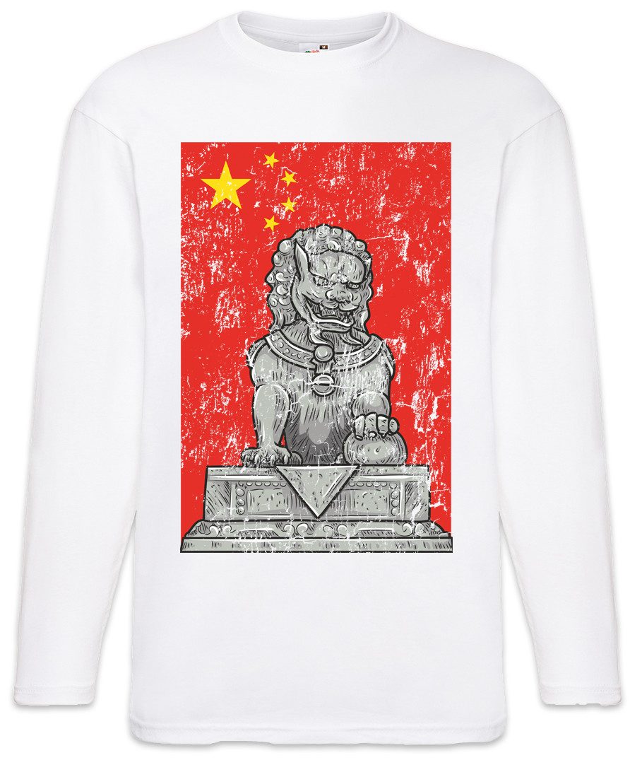 Langarmshirt Chinese Lion And Flag Langarm T-Shirt China Statue Asien Asia Fahne