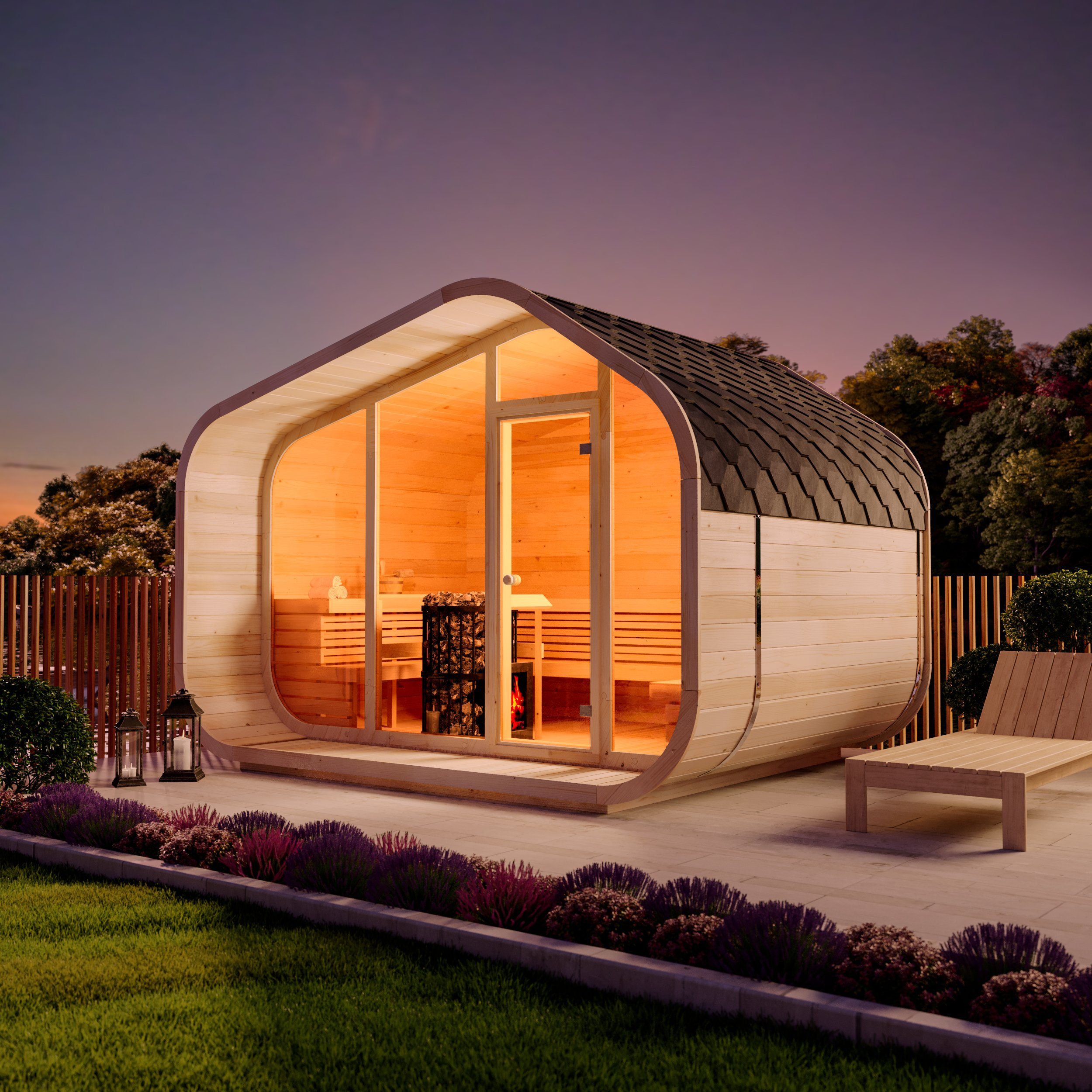 FinnTherm Fasssauna ScandiCube Wave Premium, BxTxH: 380 x 286 x 264 cm, 42 mm, in Naturbelassen