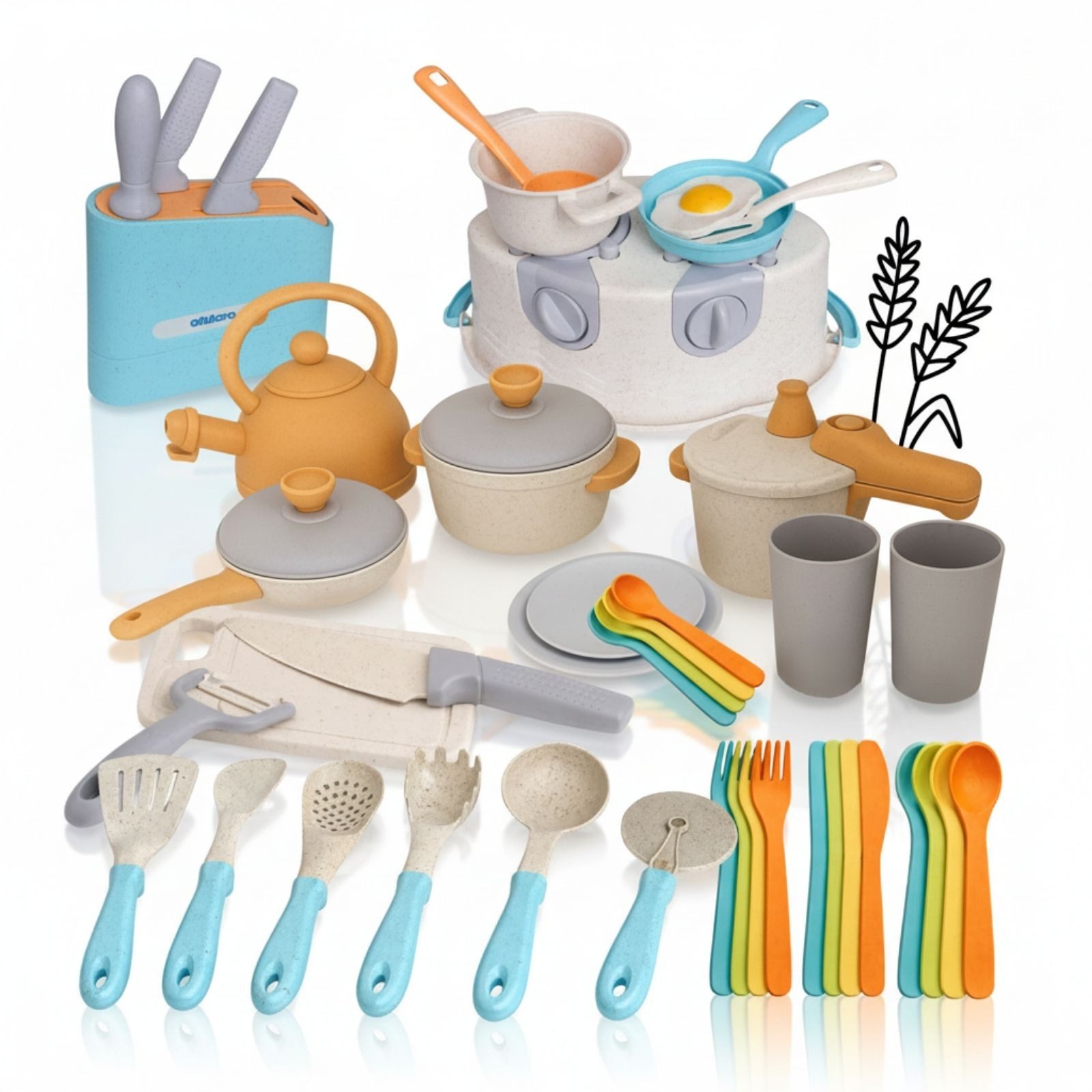 alldoro Kinder-Küchenset XXL Kinderküchen-Spielzeug Set 45-teilig, für Kinder ab 3 Jahren, mit Spielherd, Töpfen, Pfannen, Geschirr, Besteck, Messerblock