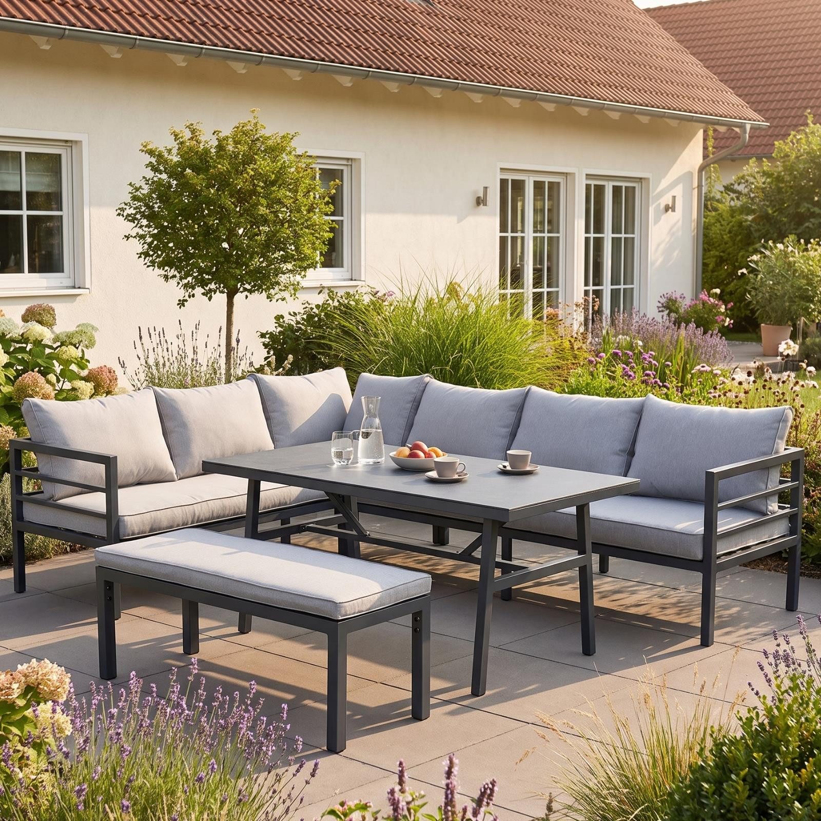 bellavista - Home&Garden® Gartenlounge-Set Gartenlounge Maia Aluminium grau Anthrazit 8 Personen Lounge-Set, (Set, 4-tlg., 2 3-Sitzer Sofas, 1 Bank, 1 Tisch, inkl. Kissen), grau, Aluminium, für 8 Personen, wetterfest, Garten, Terrasse, Outdoor