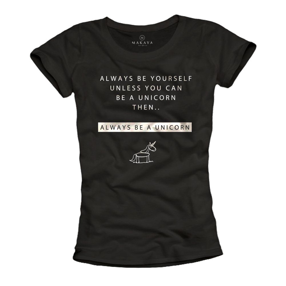 Print-Shirt Damen Schwarz mit Aufdruck Print Einhorn Unicorn Sprüche Top Kurzarm