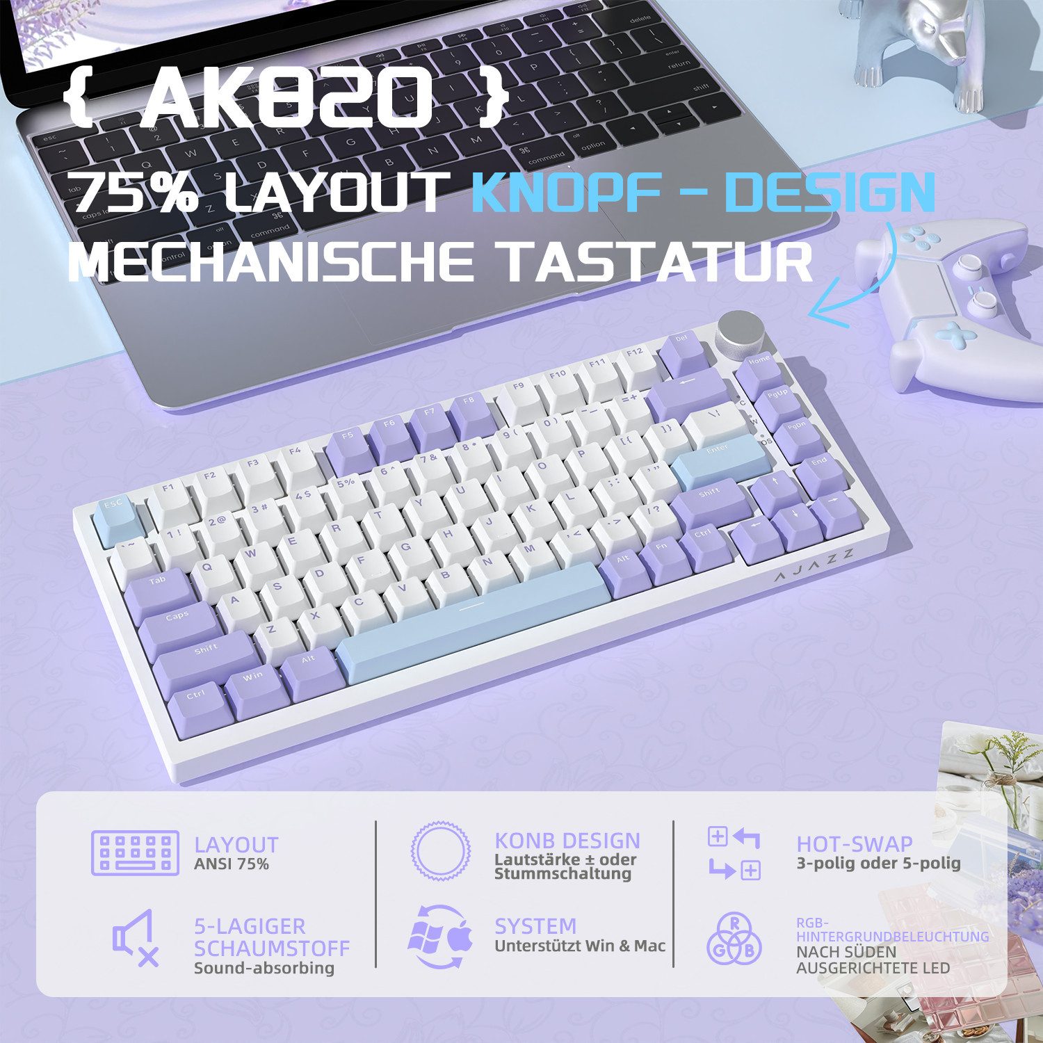 AJAZZ AK820 Mechanische Tastatur mit Knopf,75% ANSI-Layout Gaming-Tastatur (81 keys, improved seal assembly, hot-swap) – Bild 2 von 5