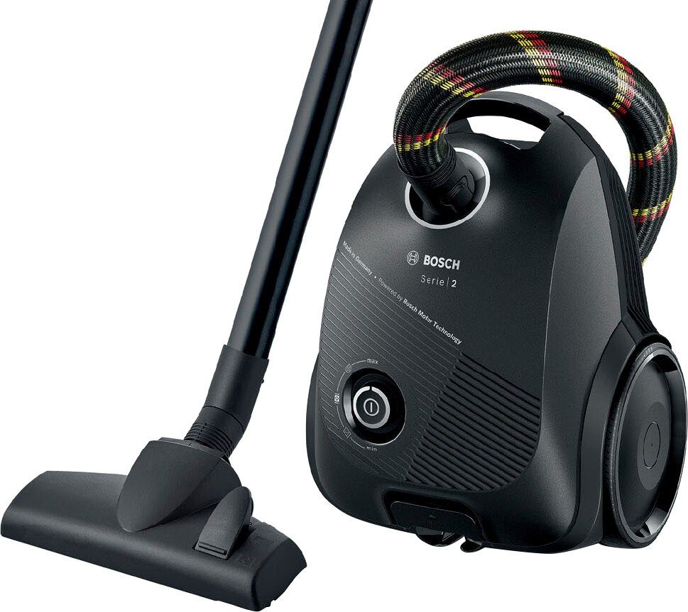 BOSCH Bodenstaubsauger Serie 2 BGDS2CHAMP, aus Recyclingmaterial, 10 Jahre Motorgarantie, 600 W, mit Beutel, kompakt, leistungsstark, Made in Germany, schwarz