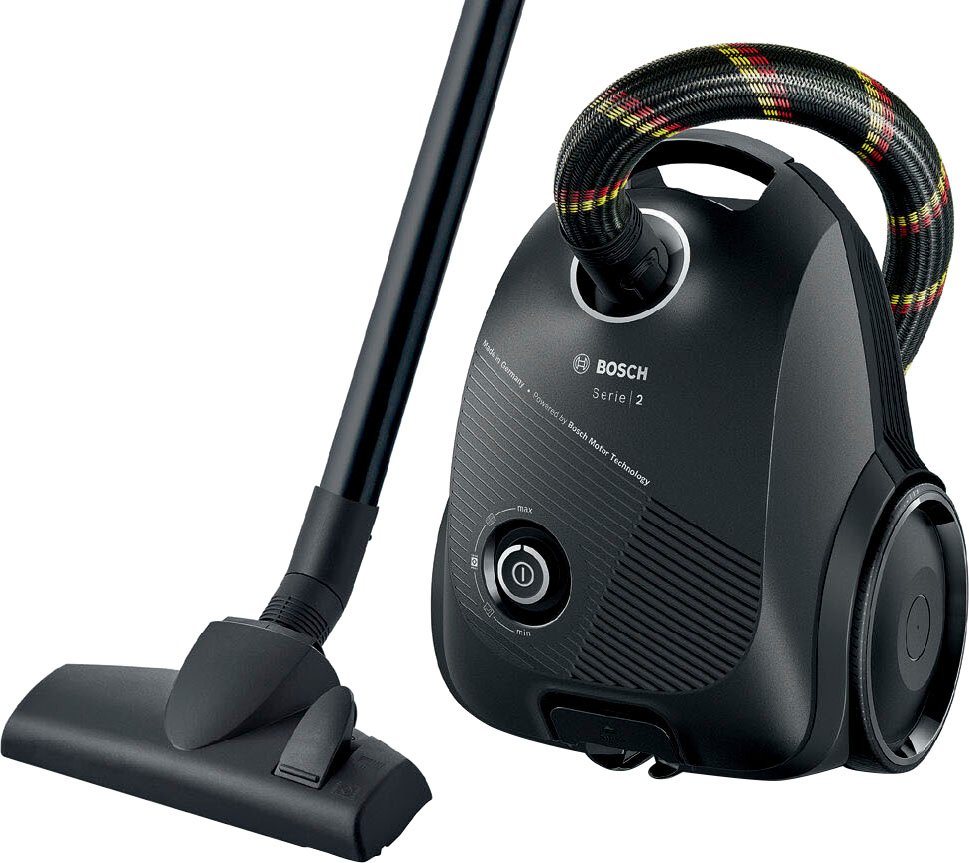 BOSCH Bodenstaubsauger Serie 2 BGDS2CHAMP, aus Recyclingmaterial, 10 Jahre Motorgarantie, 600 W, mit Beutel, kompakt, leistungsstark, Made in Germany, schwarz