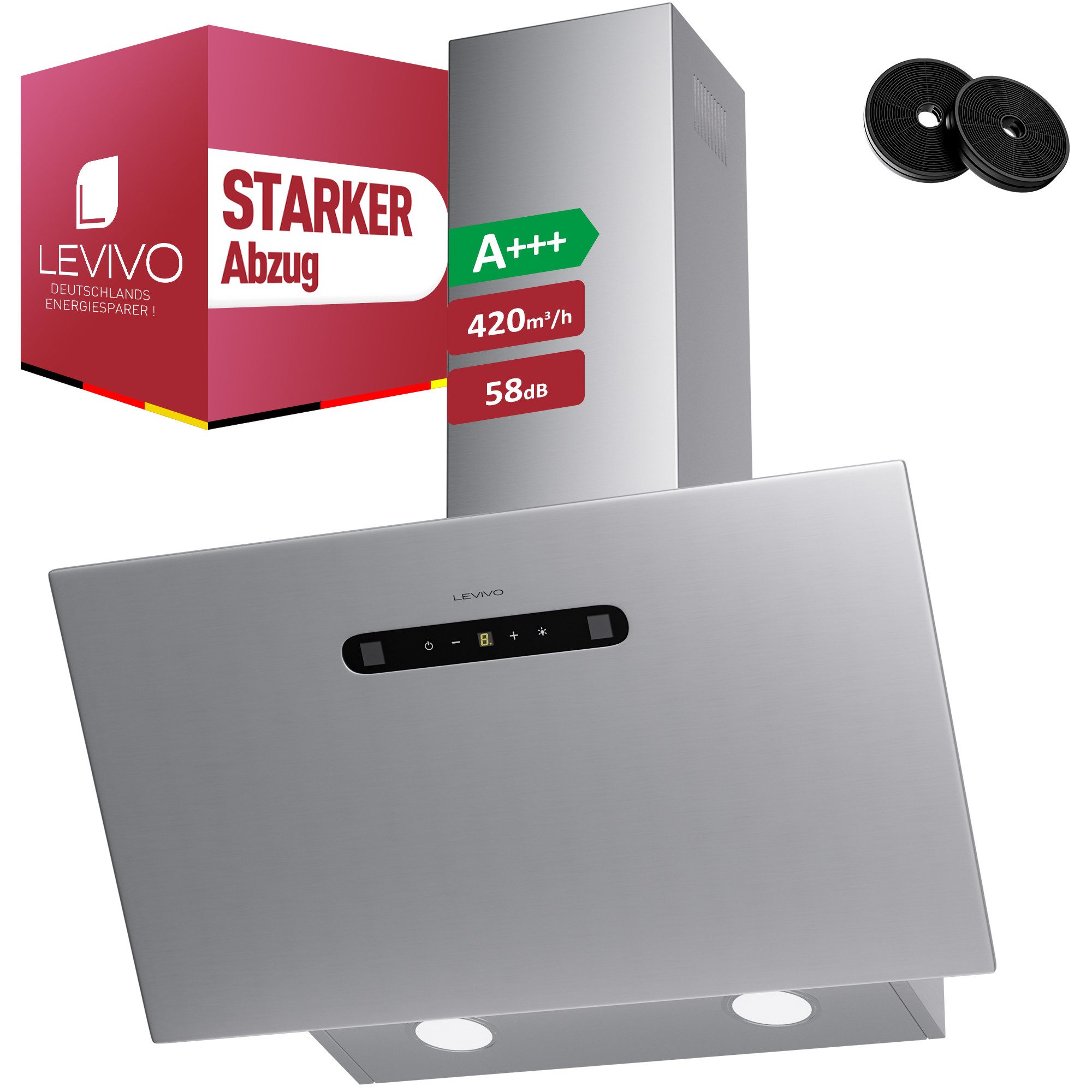 Levivo Kopffreihaube A+++ 420 m³/h Dunstabzugshaube 60cm Umluft & Abluft A+++ 420 m³/h Dunstabzugshaube 60cm Umluft & Abluft, Aktivkohlefiltern, Fettfiltern, LED-Beleuchtung