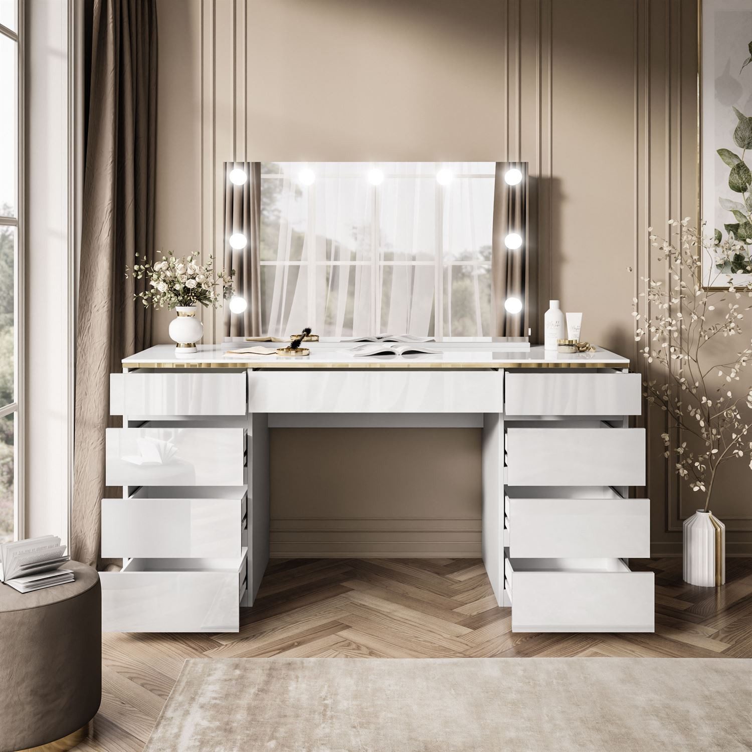 Lookway Schminktisch AURORA DOUBLE GOLD Weiß Hochglanz (1xSchminktisch, 1xSpiegel mit LED)