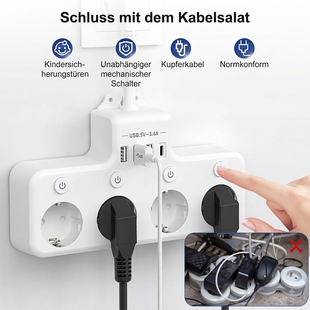 Heqishun 4-fach Steckdosenleiste mit 3 USB-A, USB-C und 4 Schaltern Mehrfachsteckdose 4-fach (3 USB-A-Anschlüsse, 1 USB-C-Anschluss, Überstromschutz, Kurzschlus – Bild 5 von 5