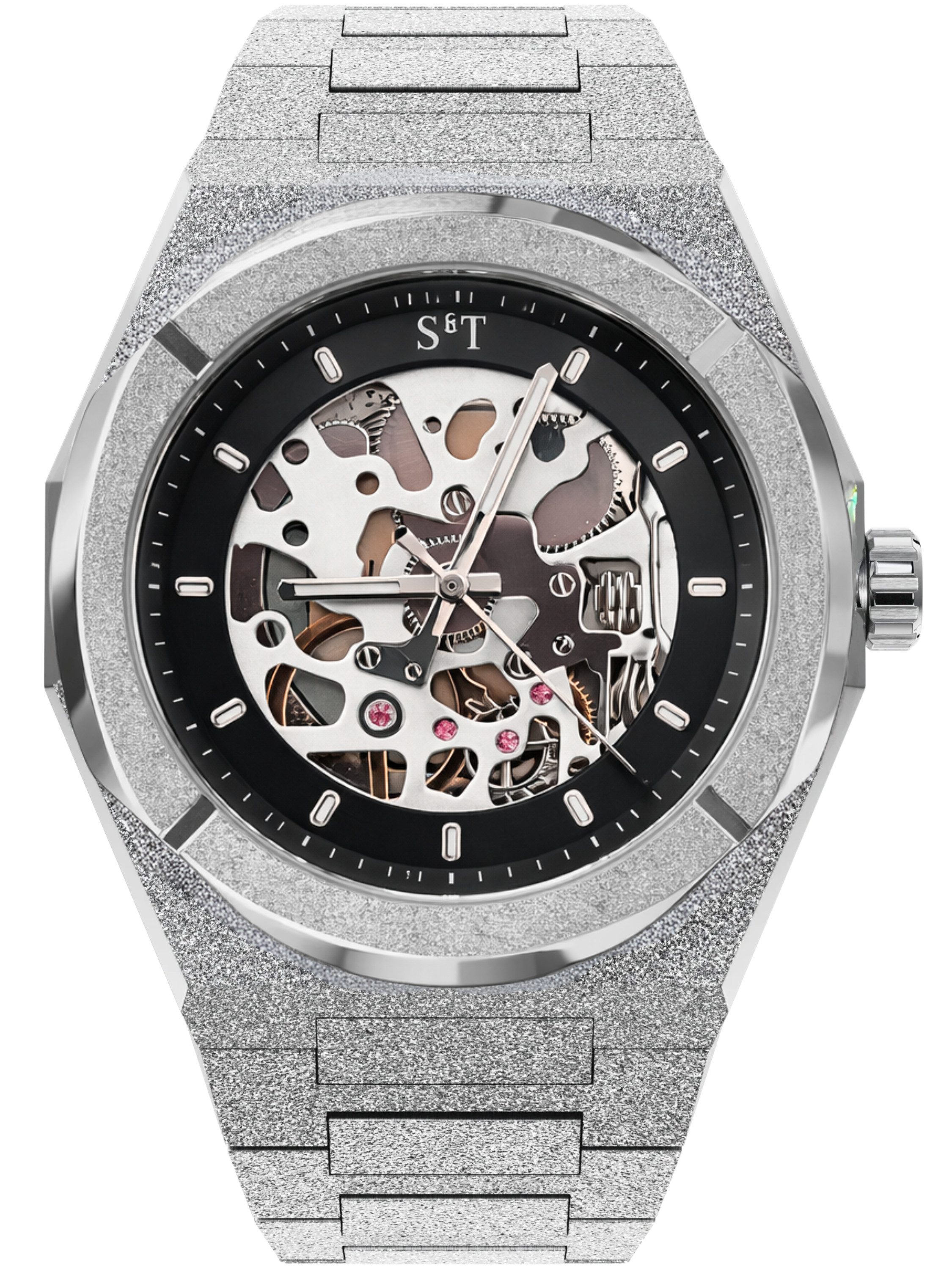 S&T Design Quarzuhr Frosted Uhr Armbanduhr Herrenuhr Skelettuhr TIME SPACE SKELETT, (Packung, inkl. Uhrenbox), Quarzwerk 42mm Leuchtzeiger Skeletton Geschenkbox