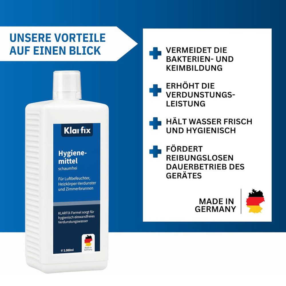 klarfix schaumfreies Hygienemittel (Spar-Set, [4-St. Hält Wasser hygienisch & kalkfrei Konservierungsmittel für Luftbefeuchter & Luftreiniger)