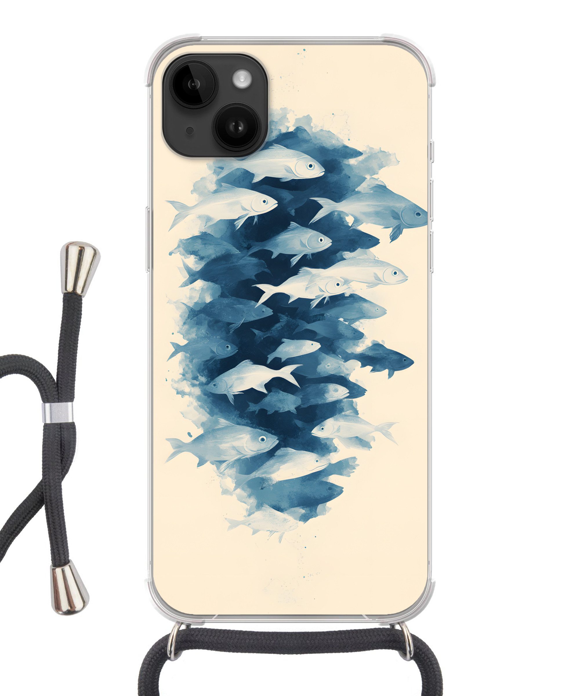 MuchoWow Handyhülle für Apple iPhone 14 Max Fische - Minimalistisch - Blau, Tragbare Handyhüllen mit Kette zum umhängen, Handykette Handyband