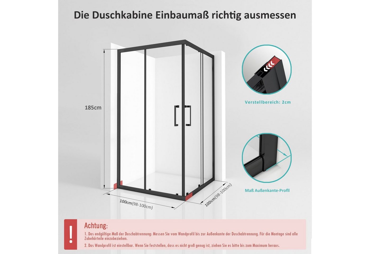 Thumbnail - Boromal Eckdusche Duschkabine 100x100 Schiebetür Eckeinstieg Duschwand Dusche 5mm ESG, BxT: 100x100 cm, Einfaches Rollen...