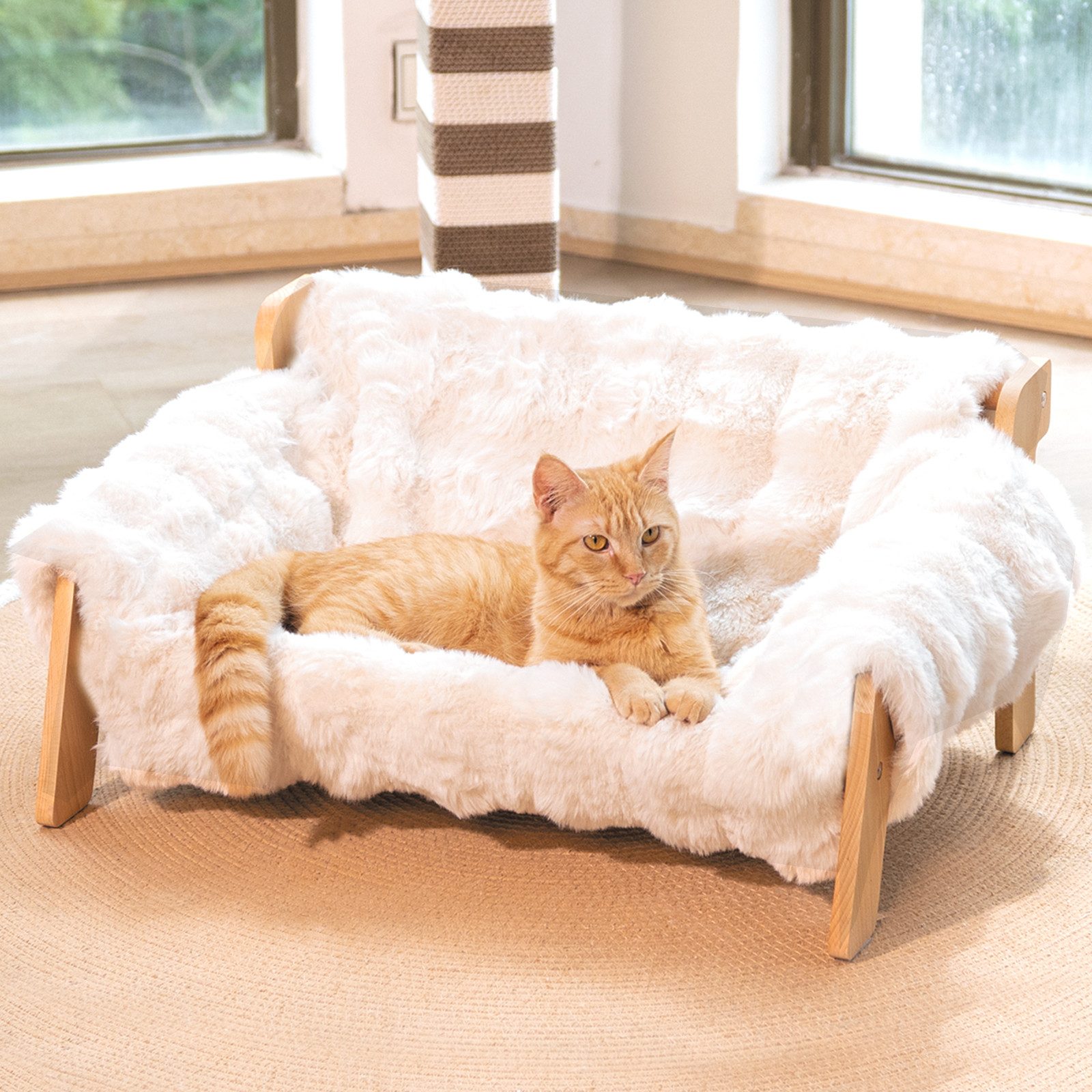 CheerPals Tierbett Erhöhtes Design aus stabilem Buchenholz für optimalen Liegekomfort, Polyesterfaser
