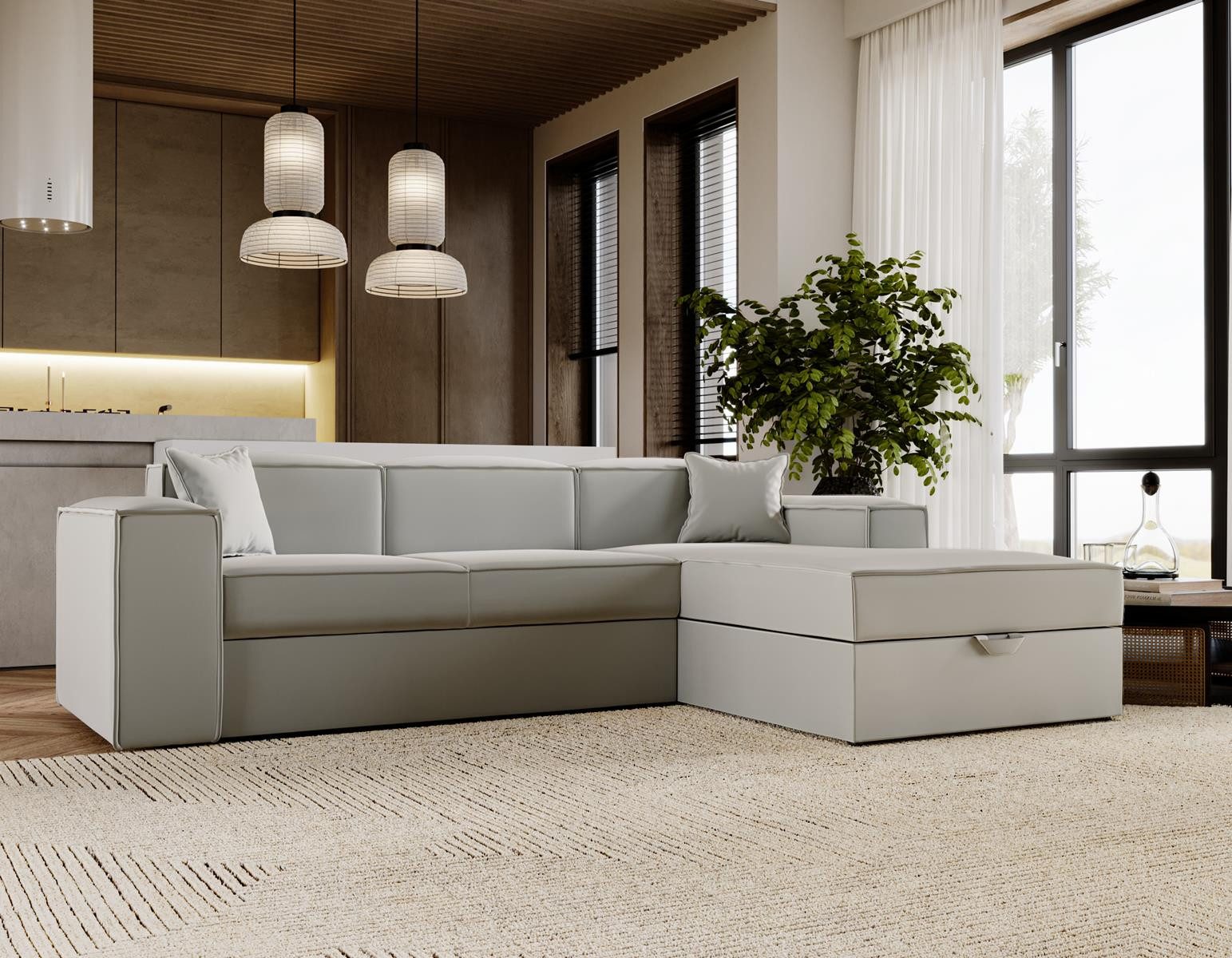 Compleo Ecksofa L-form, Modern design, Cordstoff oder Velvet SANTO, Mit Bettkasten und Schlaffunktion