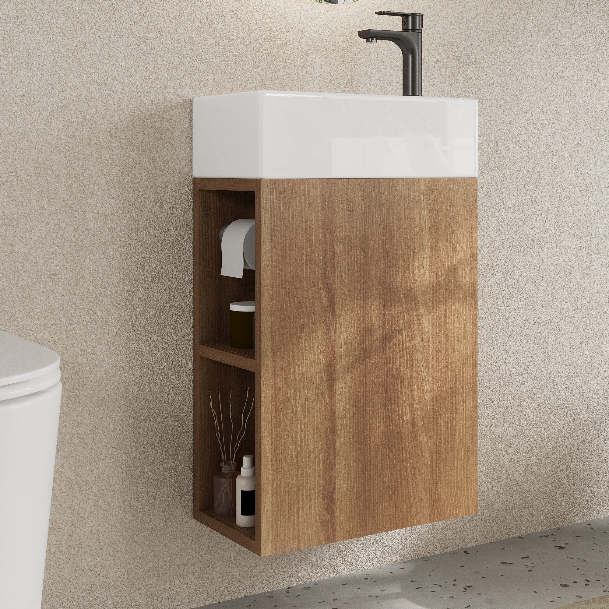 DeerValley Badmöbel-Set Waschbecken Mit Unterschrank Hängend Badmöbel set 41.5x68x23 cm, (Set, Waschtisch für Badezimmer), Fireclay-Becken mit offenem Regal und Papierhalter