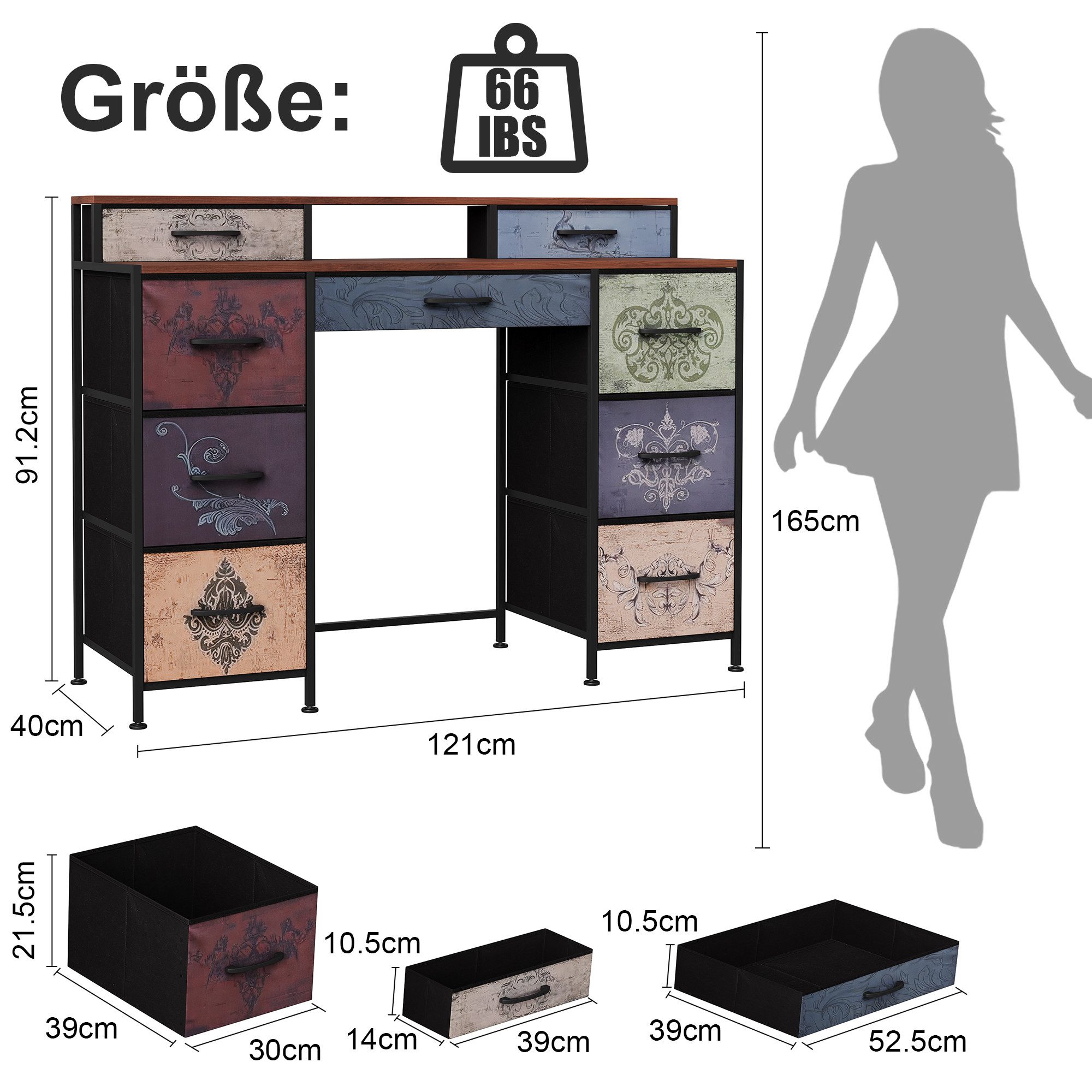 FUROKOY Kommode Vintage Stoffkommode Sideboard mit klappbaren Stoffschubladen (Schminktisch mit Stoffchubladen, Retro-schubladenschrank für Arbeitszimmer Flur Wohnzimmer Schlafzimmer), 9 Stoffschubladen