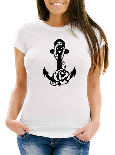 Neverless Print-Shirt Damen T-Shirt Anker Blume Anchor Flower Slim Fit Neverless® mit Print