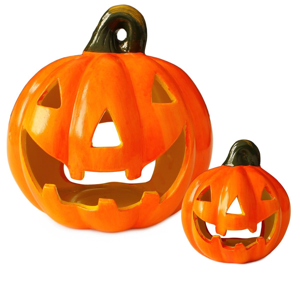 matches21 HOME & HOBBY Dekofigur Jack O Lantern Kürbis LED Windlichter 2er Set als Halloween-Deko (2 St), 10-14 cm große Ton Deko-Kürbisse als Herbst-Deko Wohnzimmer-Deko
