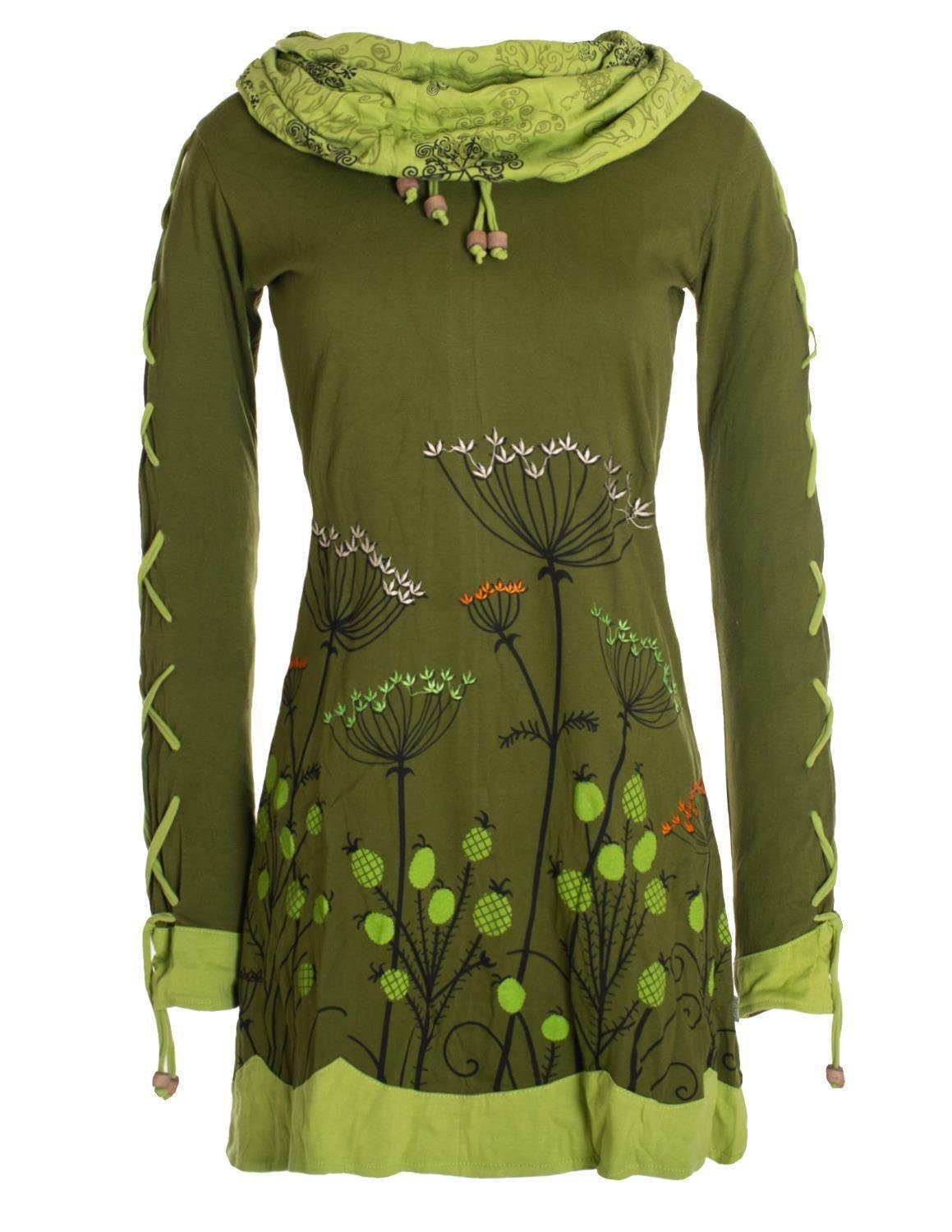 Langarm-Shirtkleid Jerseykleid Hippie, Style Blumenkleid Elfen Schalkragen Vishes Boho, olive mit