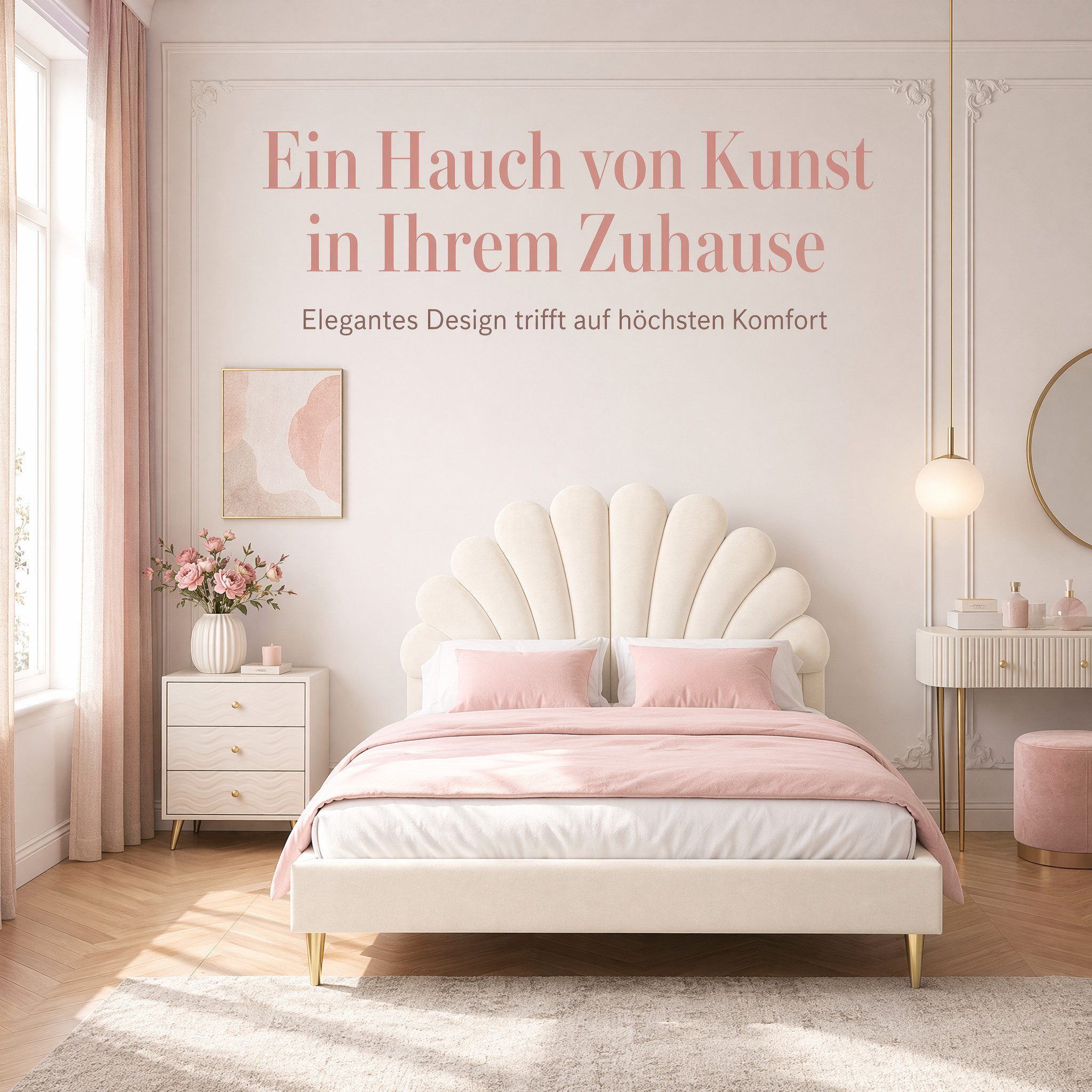 Simurq Polsterbett Kinderbett Mädchen 140x200cm, Kopfteil in Blumenform Muschelform, Doppelbett Gepolstertes Bettgestell mit Lattenrost,Samt – Bild 3 von 5