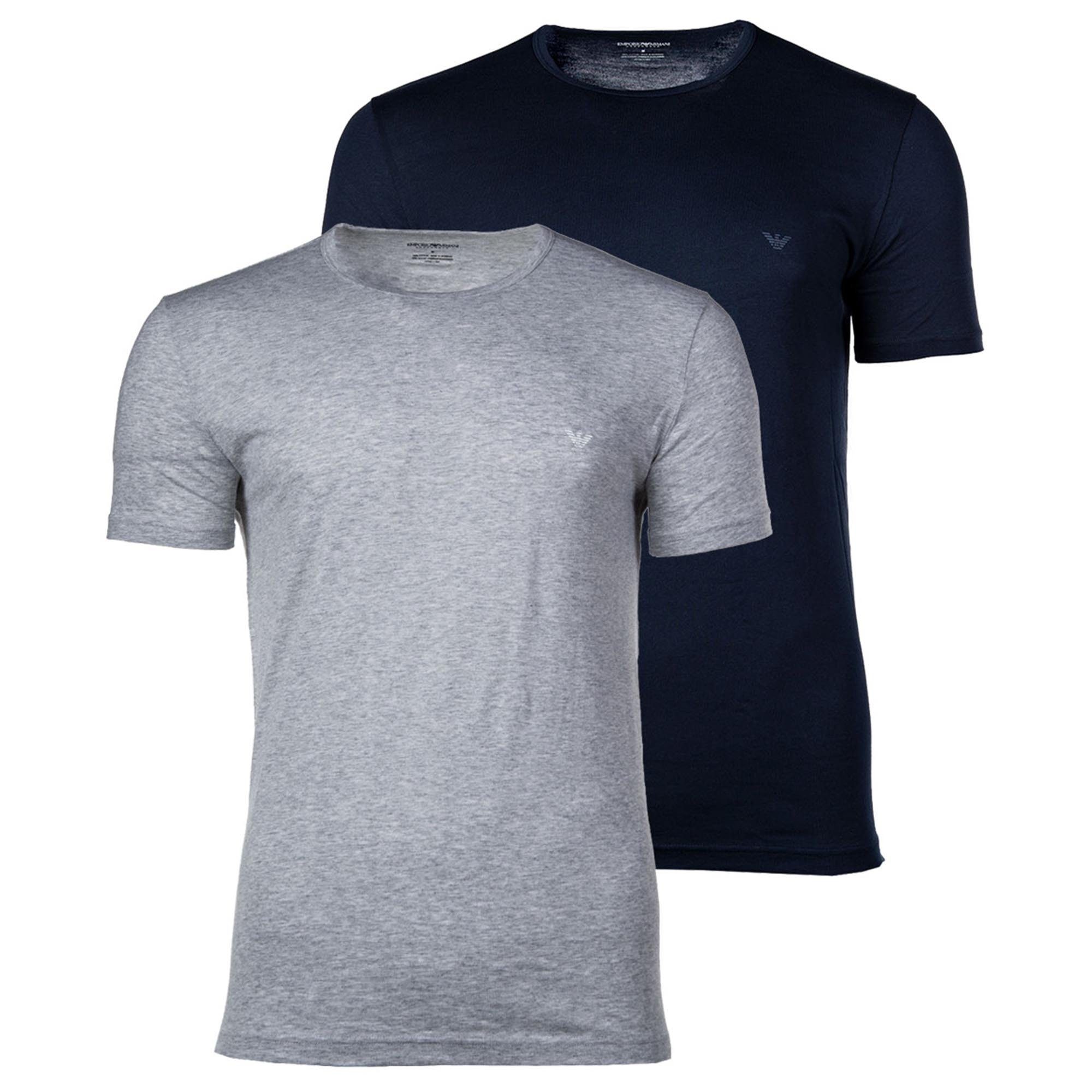 - Herren Emporio T-Shirt Blau/Grau Neck, Pack Crew Rundhals Armani 2er T-Shirt