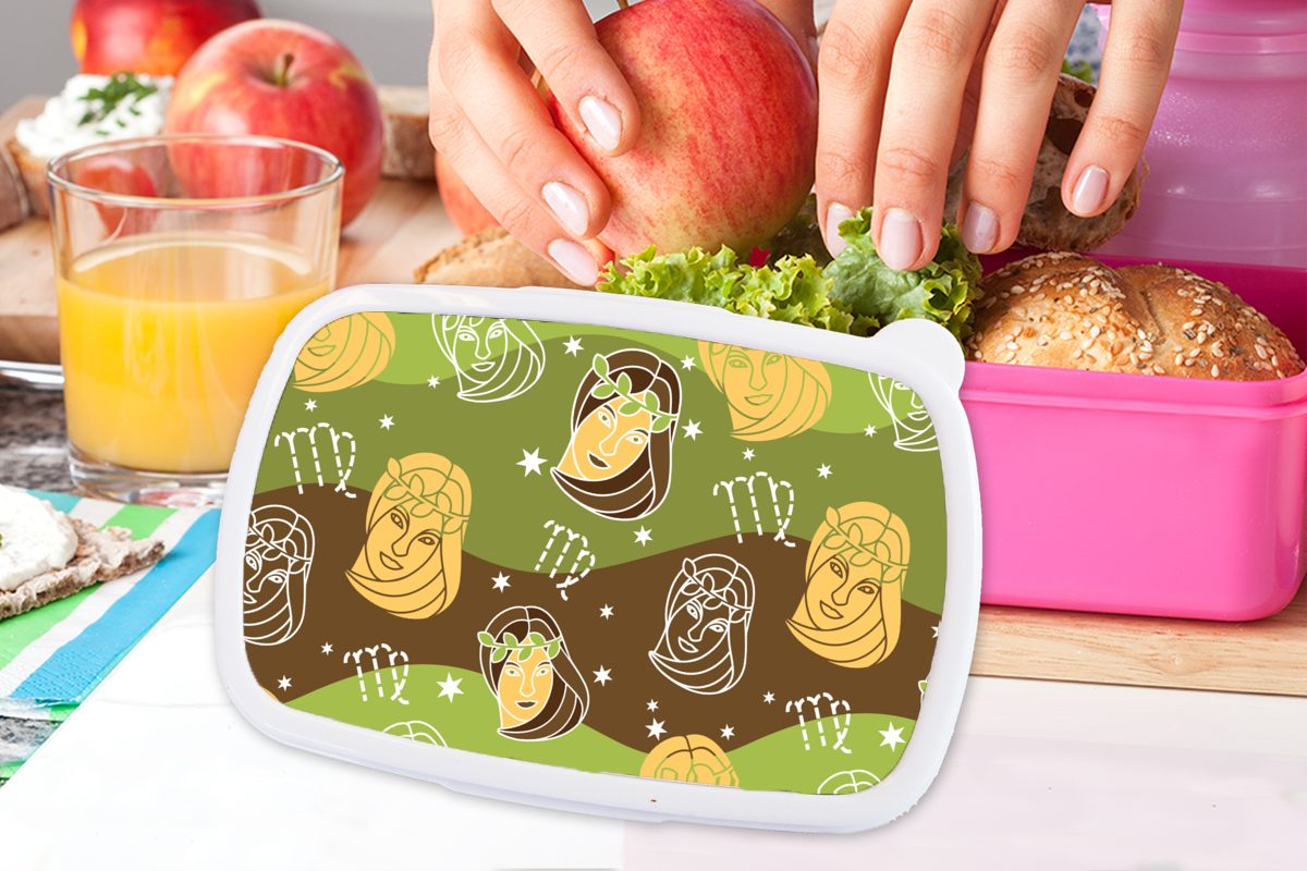 Lunchbox Brotbox Kinder, rosa Brotdose Snackbox, Erwachsene, für Tierkreiszeichen Muster, - Mädchen, (2-tlg), - MuchoWow Kunststoff Jungfrau Kunststoff,
