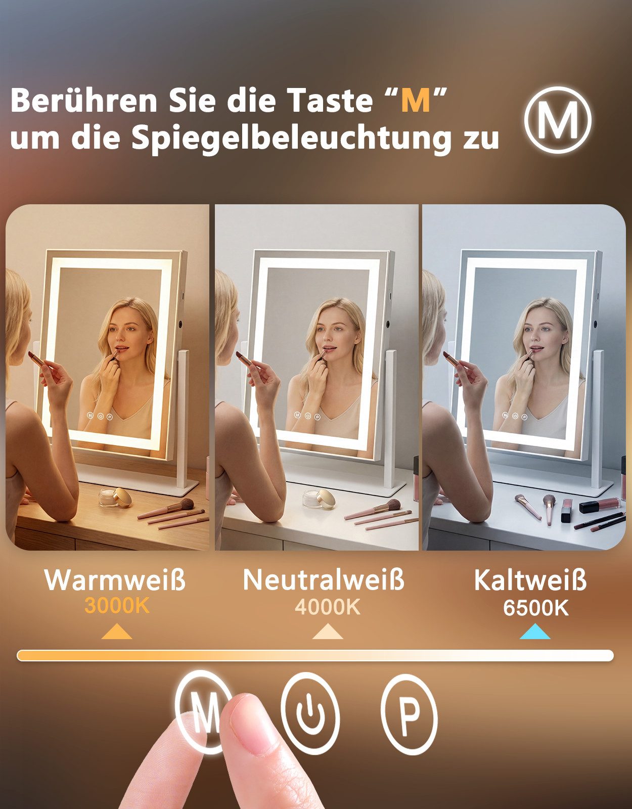 ZMH Schminkspiegel mit Beleuchtung, LED Kosmetikspiegel 3 Lichtfarben,Tischspiegel (dimmbar, Touch, Memory-Funktion), USB-Anschluss – Bild 2 von 5
