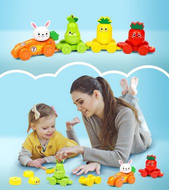 POPOLIC Stapelspielzeug Montessori Sorting Obst- und Tier-Autospielzeug, (Sortieren und Stapeln, mit Kaninchen, Karotte, Erdbeere, Ananas, Birne und Vehikel), für Babys und Kleinkinde 2 3 4 5 6