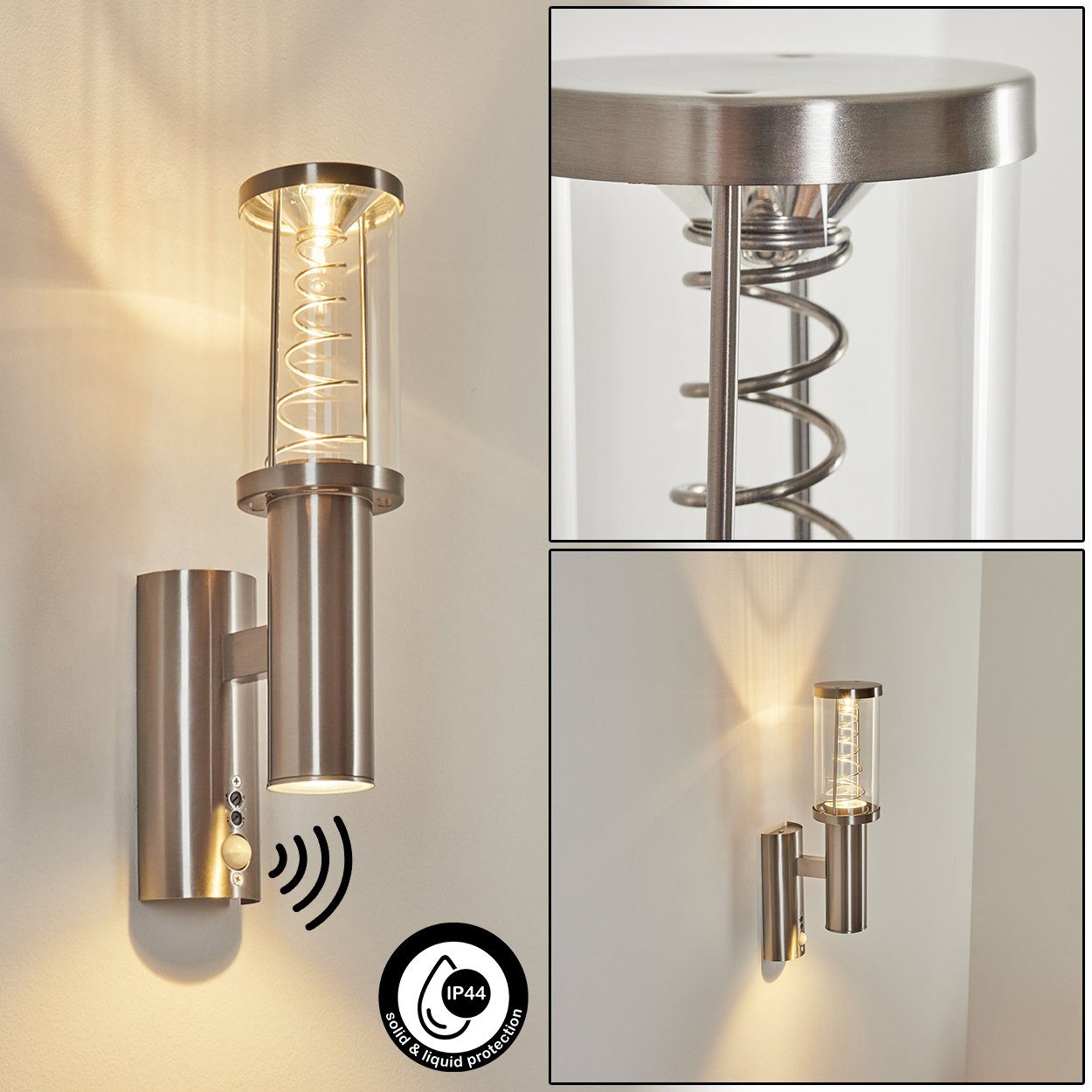 aus Lumen, Außen-Wandleuchte mit 2x 35 hofstein IP54 Watt, LED GU10 Außenlampe Lichteffekt, in moderne Kelvin, 3000 wechselbar, 350 Nickel-matt/Klar, tollem außen für Metall/Glas