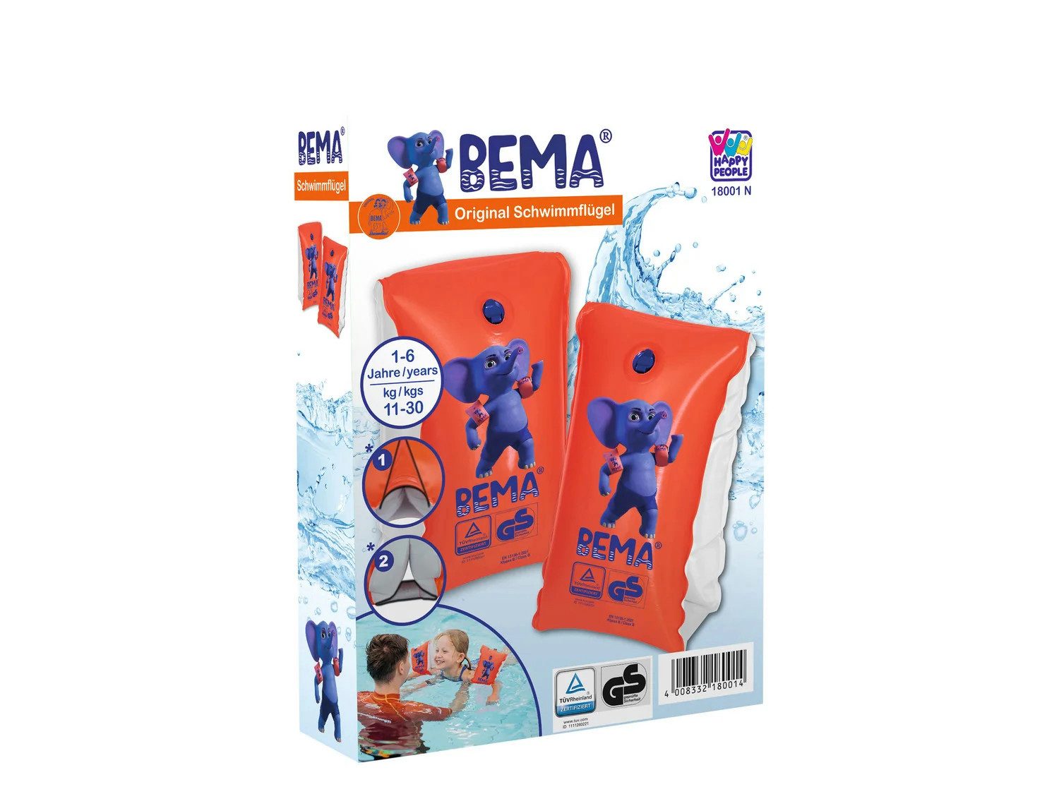Happy People Schwimmflügel BEMA Schwimmflügel Kinder 11–30 kg Schwimmhilfe (Packung, 2-tlg., 1 Paar Schwimmflügel), Doppel-Luftkammern, unterstützt das Schwimmenlernen