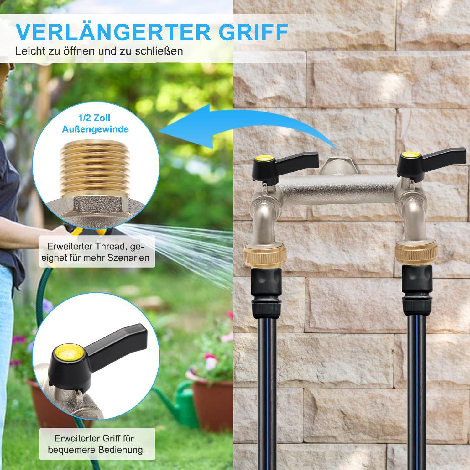 HEYHIPPO Y-Stück 3/4'' Gartenhahn Zweiwege-Wasserumsteller Außen Wasserverteiler, (Kommt mit 2 3/4" und 1/2" Hahnanschlüssen, 1/2" Wasserzulauf für Spülbecken i – Bild 4 von 5