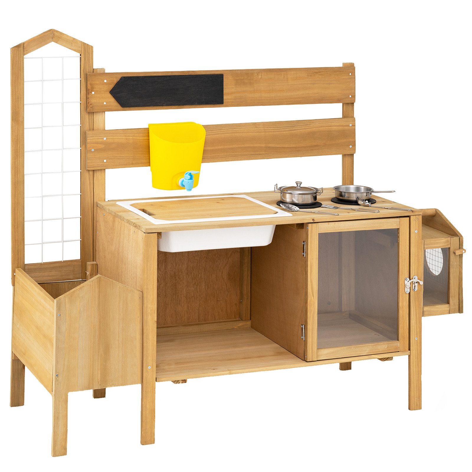 COSTWAY Outdoor-Spielküche Tannenholz, PP, Eisen, Mit Spüle, Rankgitter, Pflanzkasten & Vogelkäfig