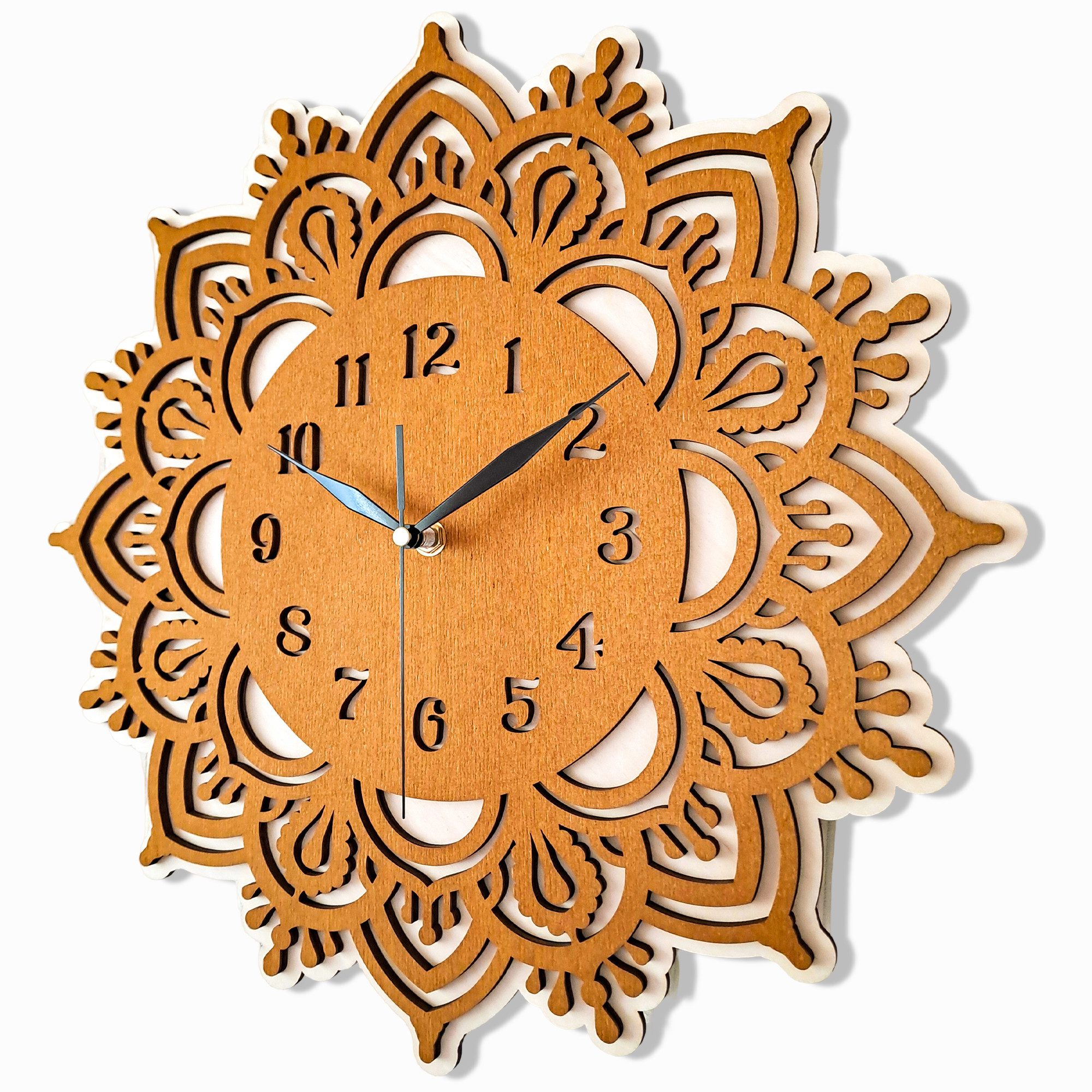 ORNAMENTI Wanduhr Grosse, modern, holz, hingucker Wanduhr, Mandala, Yoga, Blumen (ohne Ticken, Wanddeko, Holzdeko, 3 Größen 40, 50, 60 cm)
