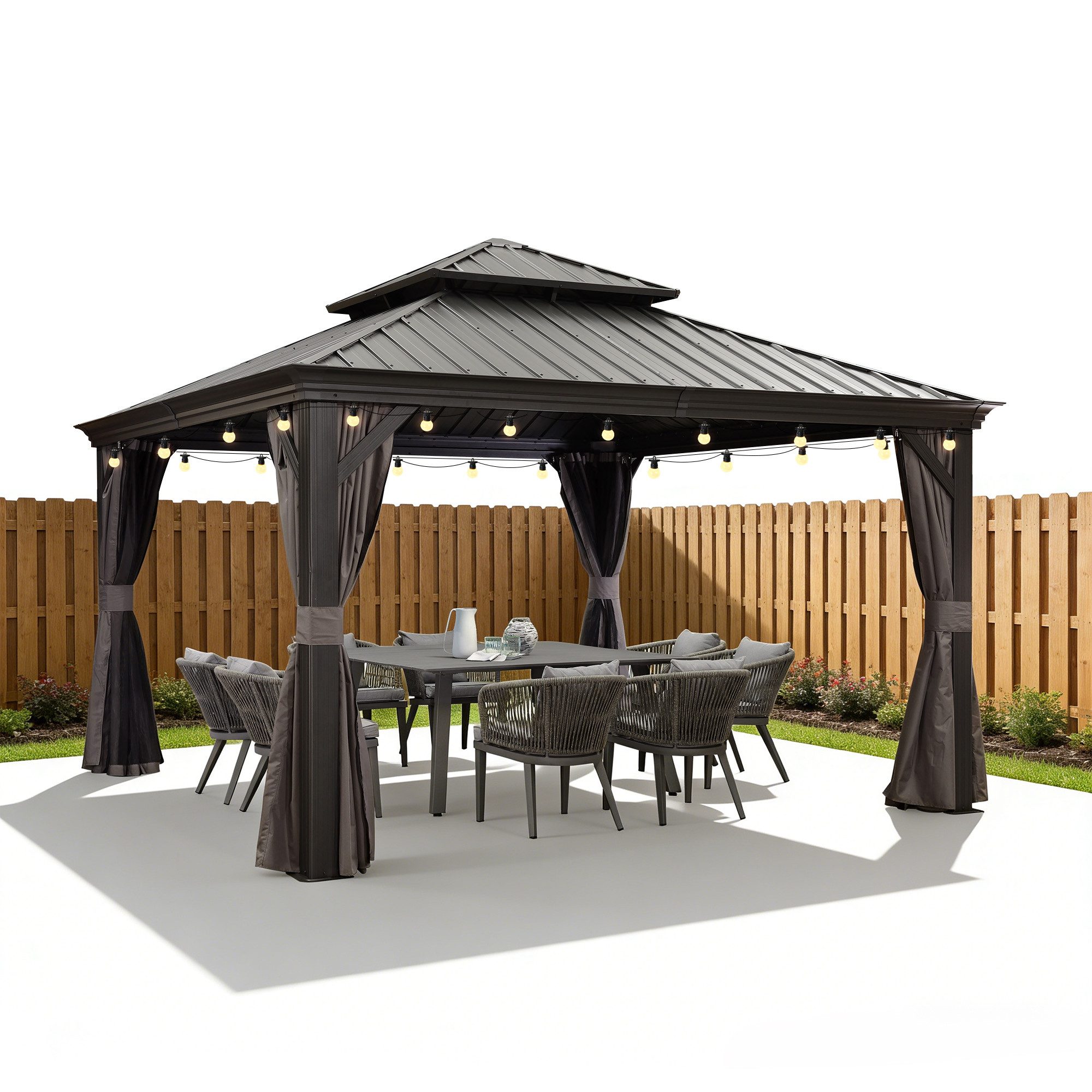 PURPLE LEAF Pavillon Hardtop Aluminium Gartenpavillon mit LED-Lichtern und Seitenteilen