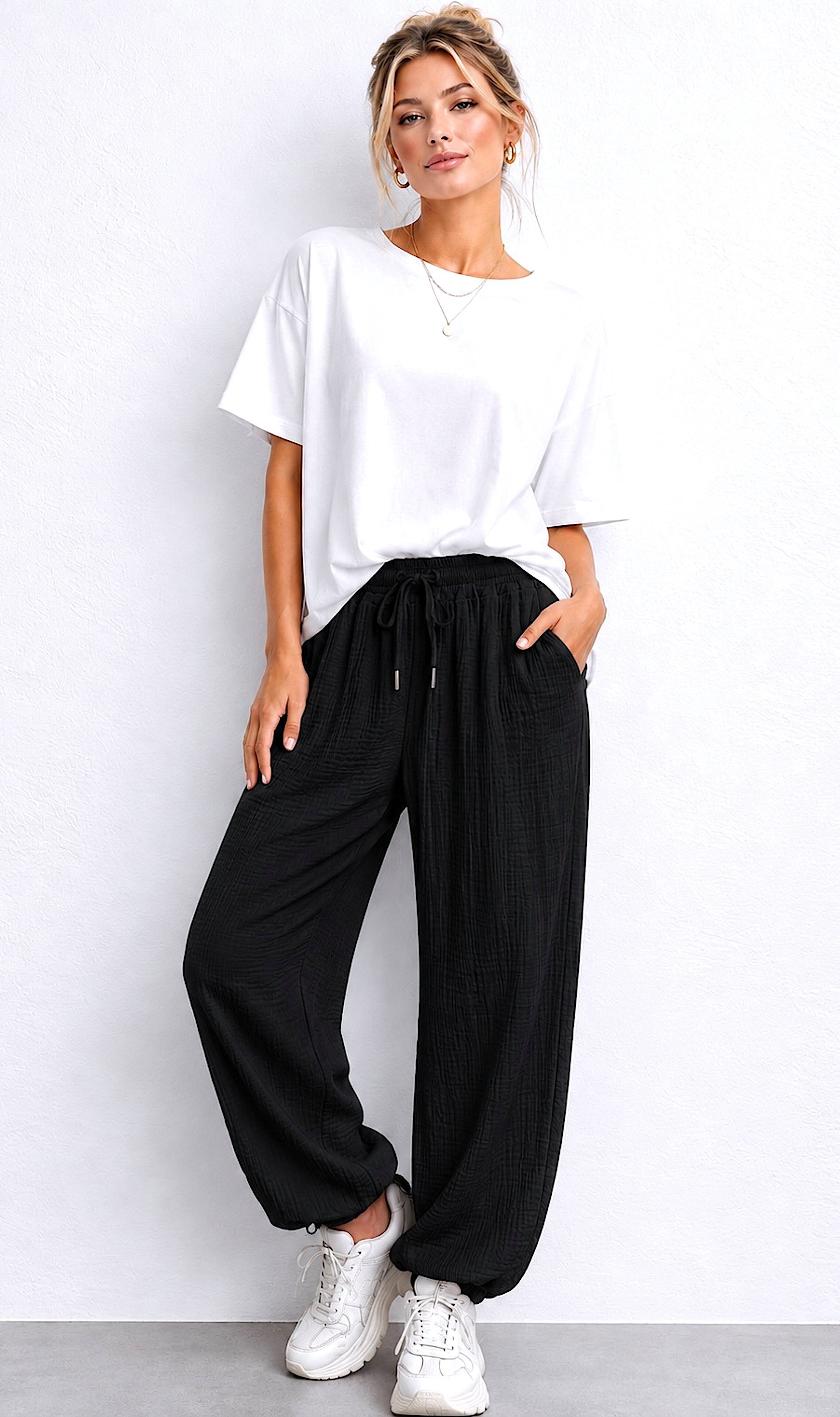Worldclassca Stoffhose Worldclassca Musselin Stoff Hose Freizeit Sommer Leichte Haremhose Neue Kollektion - Stilvolle und gemütliche Sommer Mode für Damen