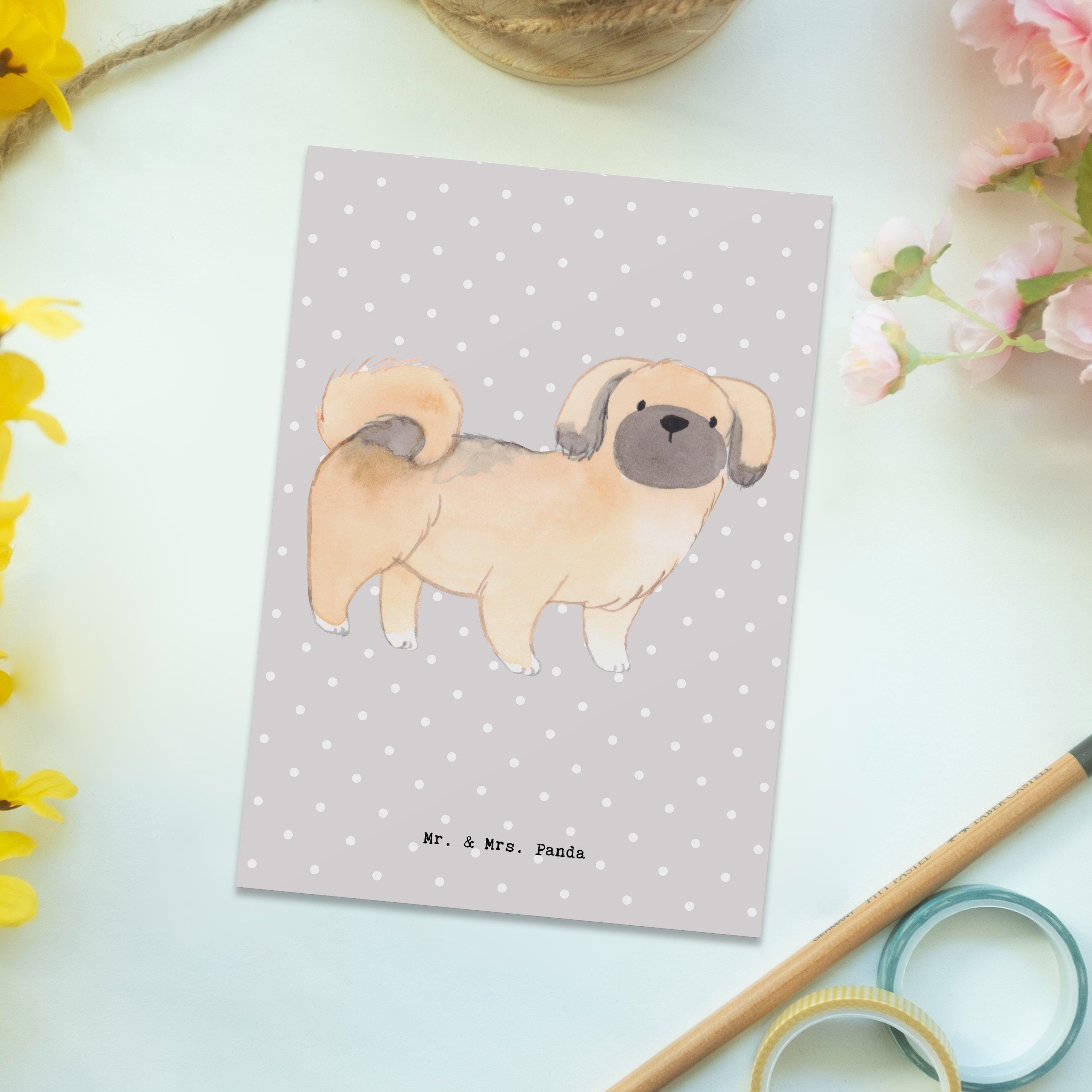 Mr. & Mrs. Panda Postkarte Pekingese Lebensretter - Grau Pastell - Geschenk, Dankeskarte, Geburt