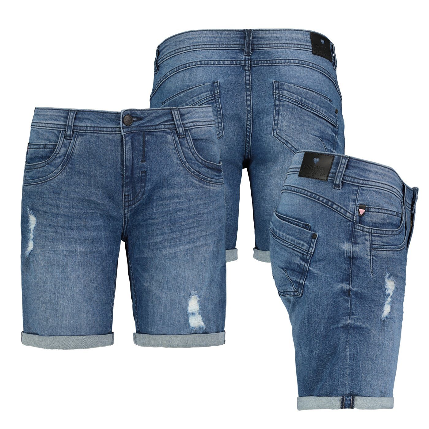 SUBLEVEL Bermudas Damen Jeans Shorts Bermuda Kurze Hose Shorts Short Denim Stretch Denim Middle Blue
