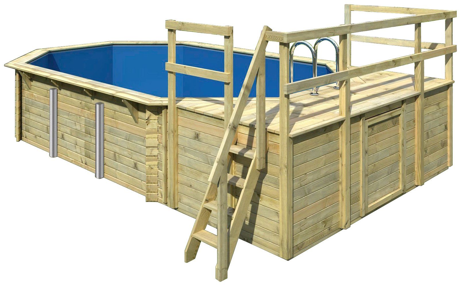 Karibu Achteckpool PALMA Set D BxLxH: 358x569x124 cm, mit Sonnendeck und 2 Eck-Terrassen (Set, 9-tlg), 38 mm starke Holzbohlen aus Fichtenholz
