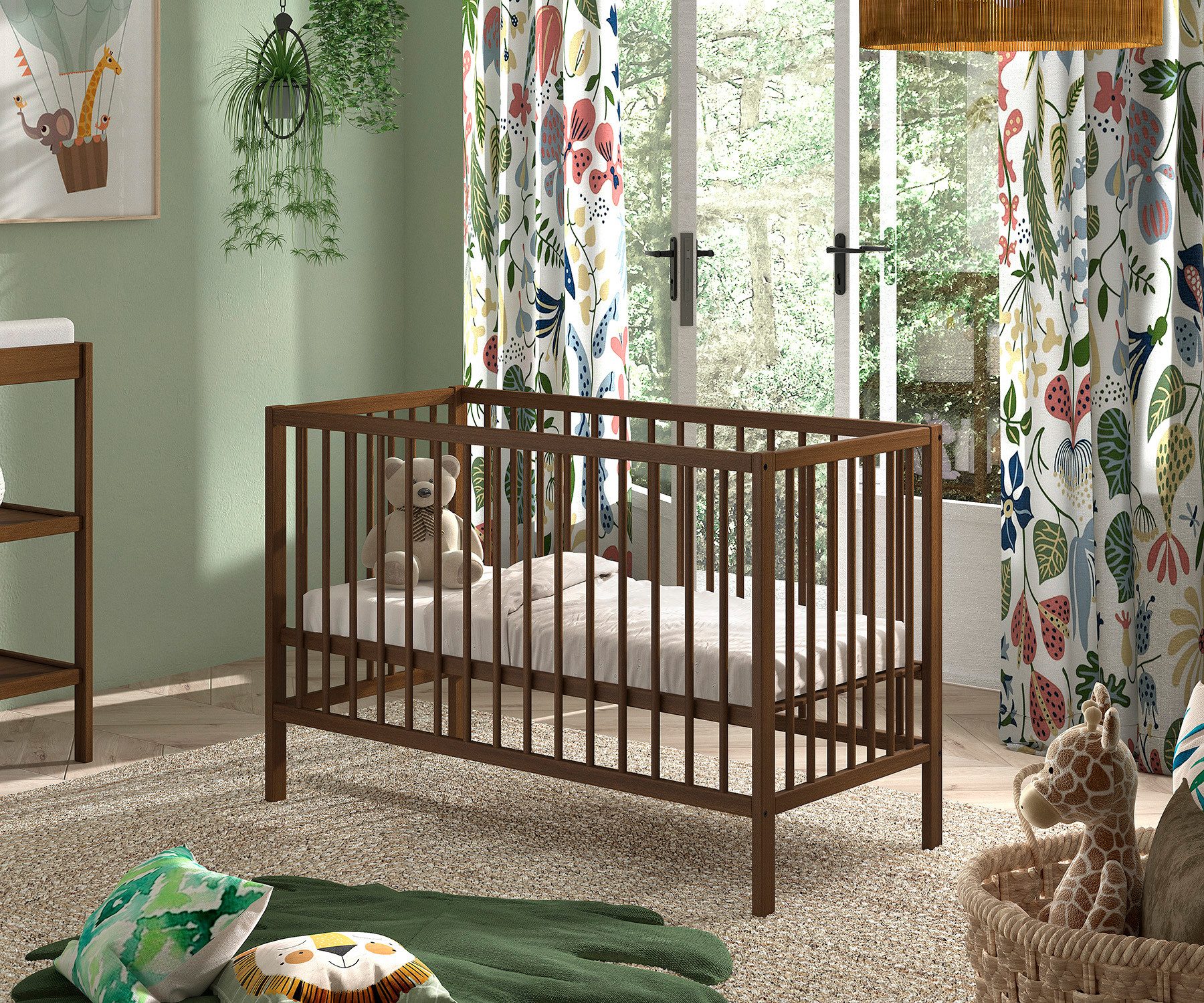 Vipack Babybett DINO, ideal für Ihr Kinderzimmer, Made in Europe, Buche massiv, 60/120cm, Liegehöhe 3-fach höhenverstellbar, Buche Nussbaumfarbig