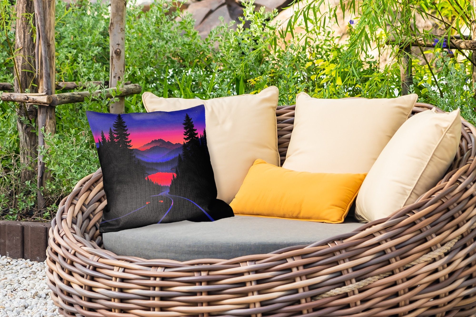 MuchoWow Dekokissen Auto - Dunkle Kiefern - Sonnenuntergang, Kissenbezüge, Kissenhülle, Kissen, Outdoor, 40x40 cm
