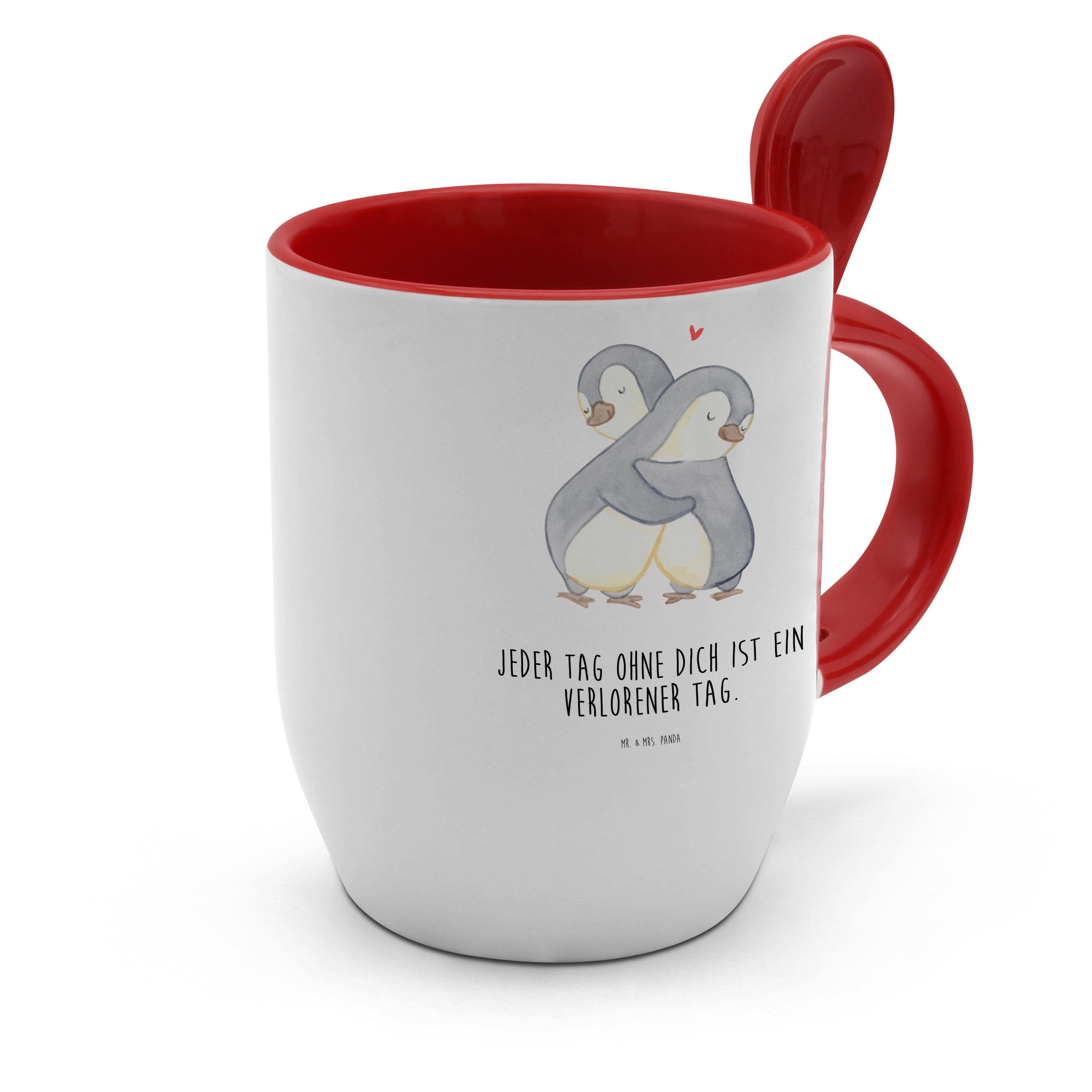 Mr. & Mrs. Panda Tasse Keramik Tasse Kuscheln - Geschenk, mit Löffel, Weiß Pinguine Liebesgeschenk, 