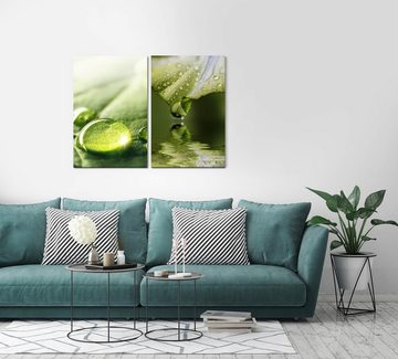 Sinus Art Leinwandbild 2 Bilder je 60x90cm Grün Wassertropfen Frisch Beruhigend Nahaufnahme Harmonie Wasser