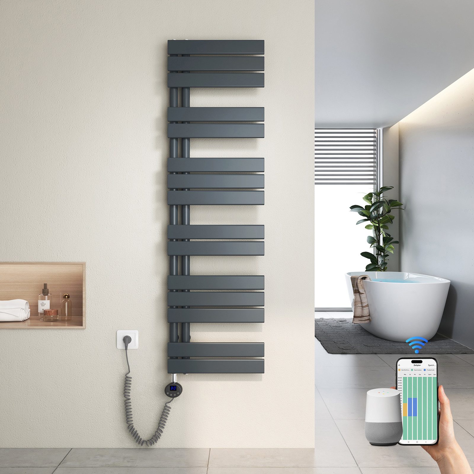Heilmetz Elektrischer Badheizkörper 138,5 x 40 cm, 600W, Anthrazit, WLAN-Heizstab mit App- und Sprachsteuerung, 7-Tage-Programm