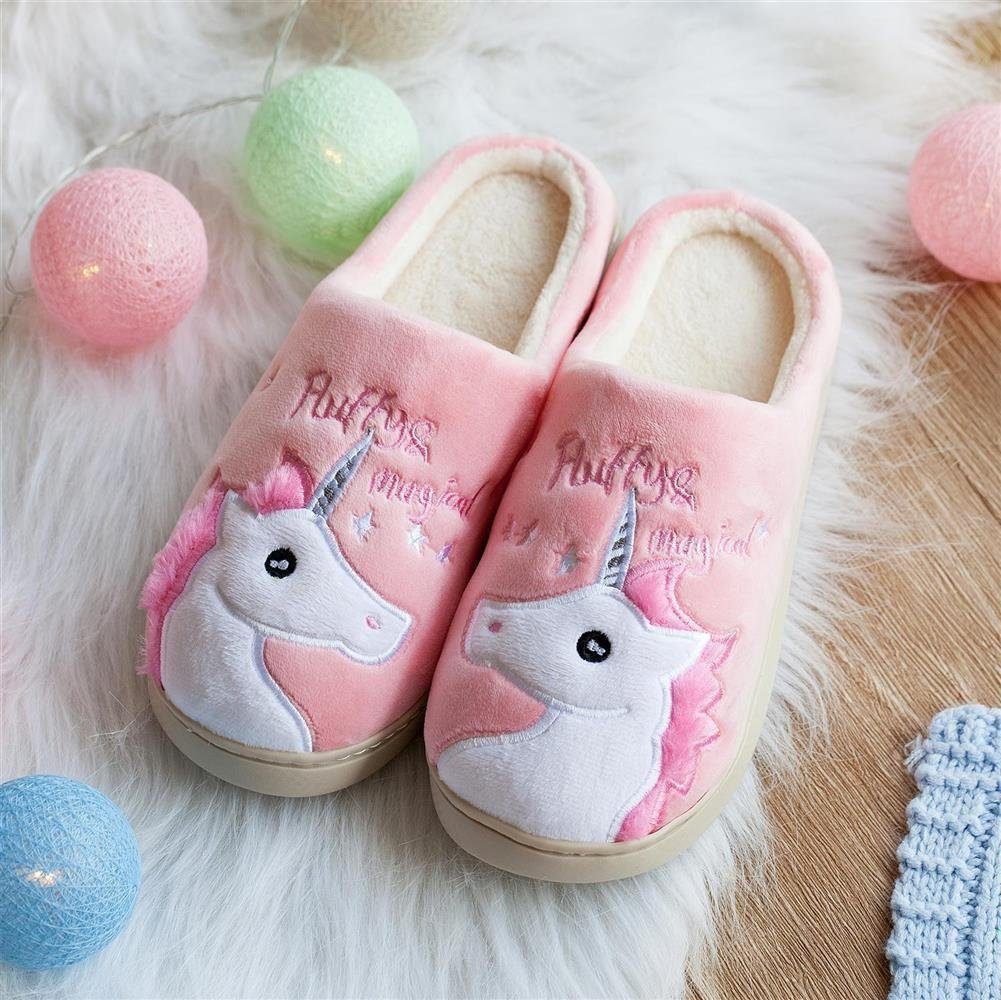 Katara Tier Pantoffeln Gr. 34-41 (Einhorn, Katze, Hase) Plüsch Hausschuhe Hausschuhe, weich, warm, süß, kuschelig, Plüsch Einhorn (Pink)