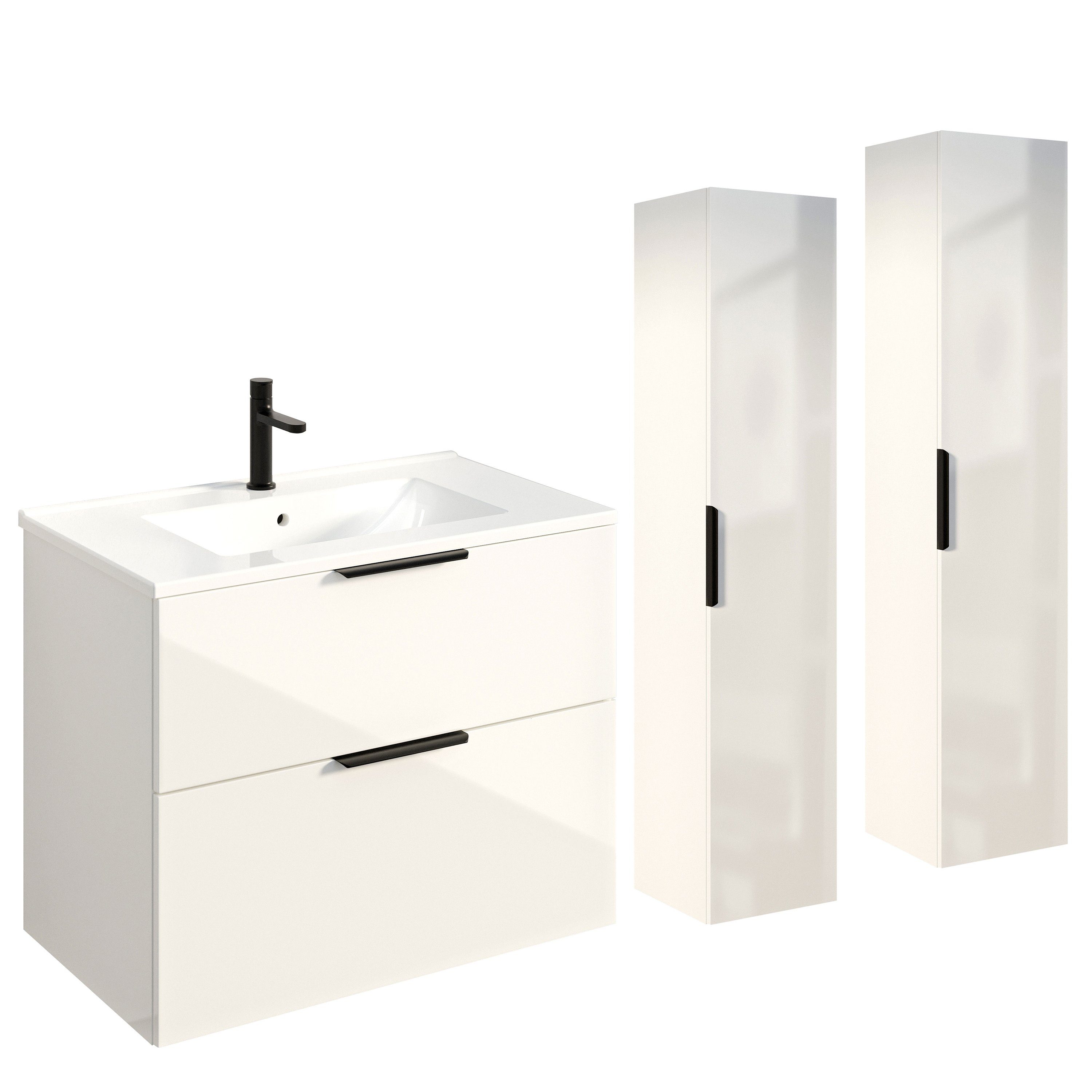 Bernstein Badmöbel-Set TIM, (Komplett-Set, Waschtischunterschrank 80cm mit Waschbecken / Hochschrank wählbar), Farbe & Griff wählbar / vormontiert / feuchtigkeitsresistent