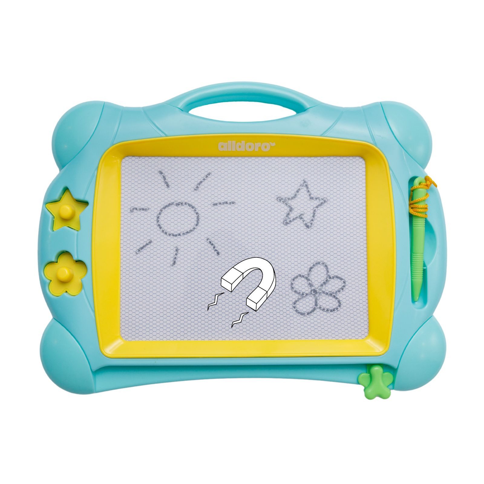 alldoro Zaubertafel magnetisch für Kinder, schwarz-weiß 32 x 25 cm mit Stift & Stempeln, Magnettafel tragbar mit Löschfunktion, Malspaß für zuhause & unterwegs