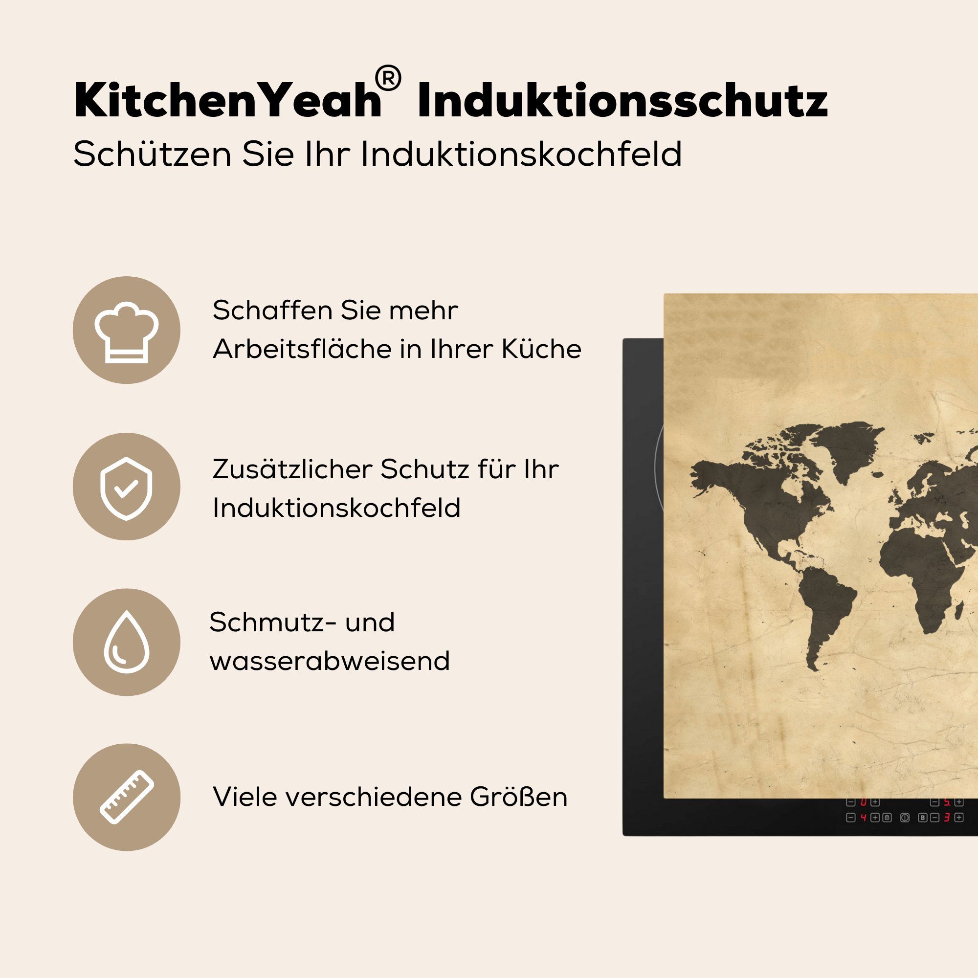 MuchoWow Herdblende-/Abdeckplatte Farben - cm, Arbeitsplatte - für (1 tlg), küche 78x78 Braun, Vinyl, Weltkarte Ceranfeldabdeckung
