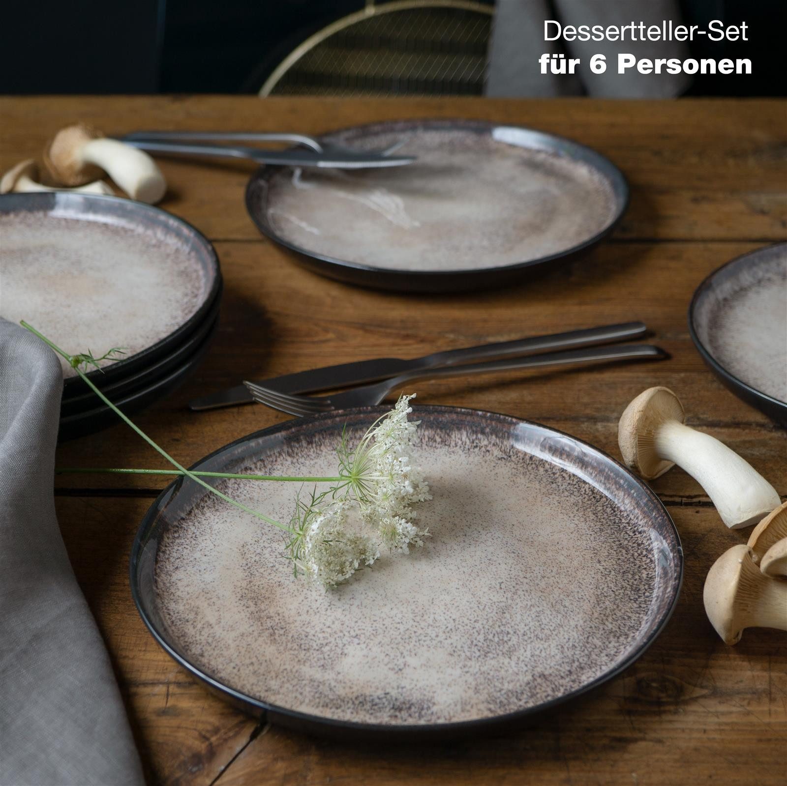 Moritz & Moritz Dessertteller VIDA Dessertteller für 6 Personen Beige, (6 St), Spülmaschinengeeignet, Porzellan Dessertteller