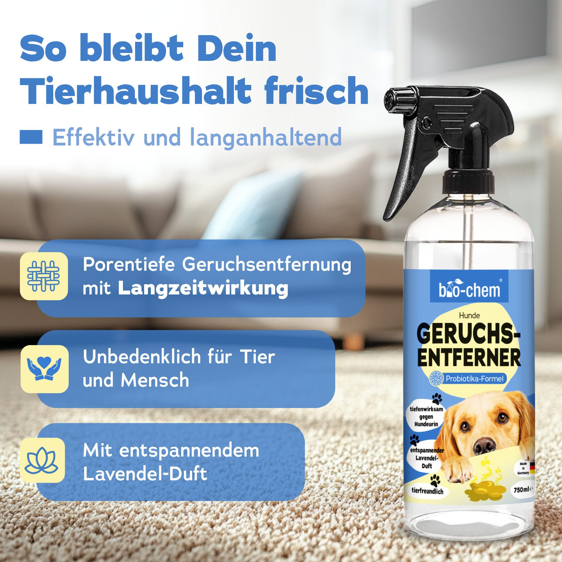 bio-chem Geruchsentferner Enzymreiniger 750 ML für Hunde- & Tiergerüche (1x Geruchsentferner Hund 0.75 l Handsprayflasche)