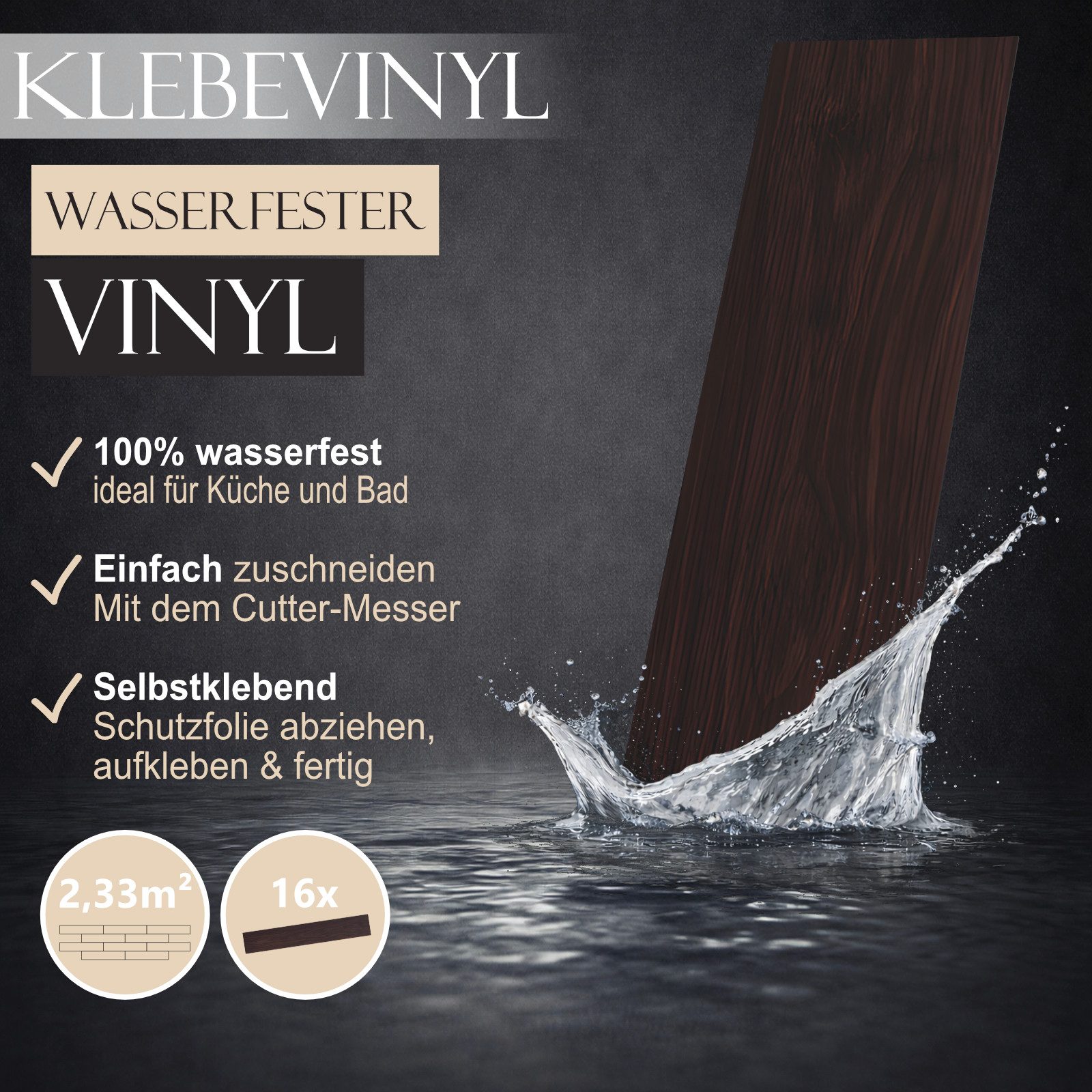 HAGO Vinylboden Bodenbelag Vinylboden Klebeboden Klebevinyl Designbelag PVC Paneele, Rutschfest, schimmelbeständig, wärmeisolierend, schalldämpfend, E1 DS 23/31