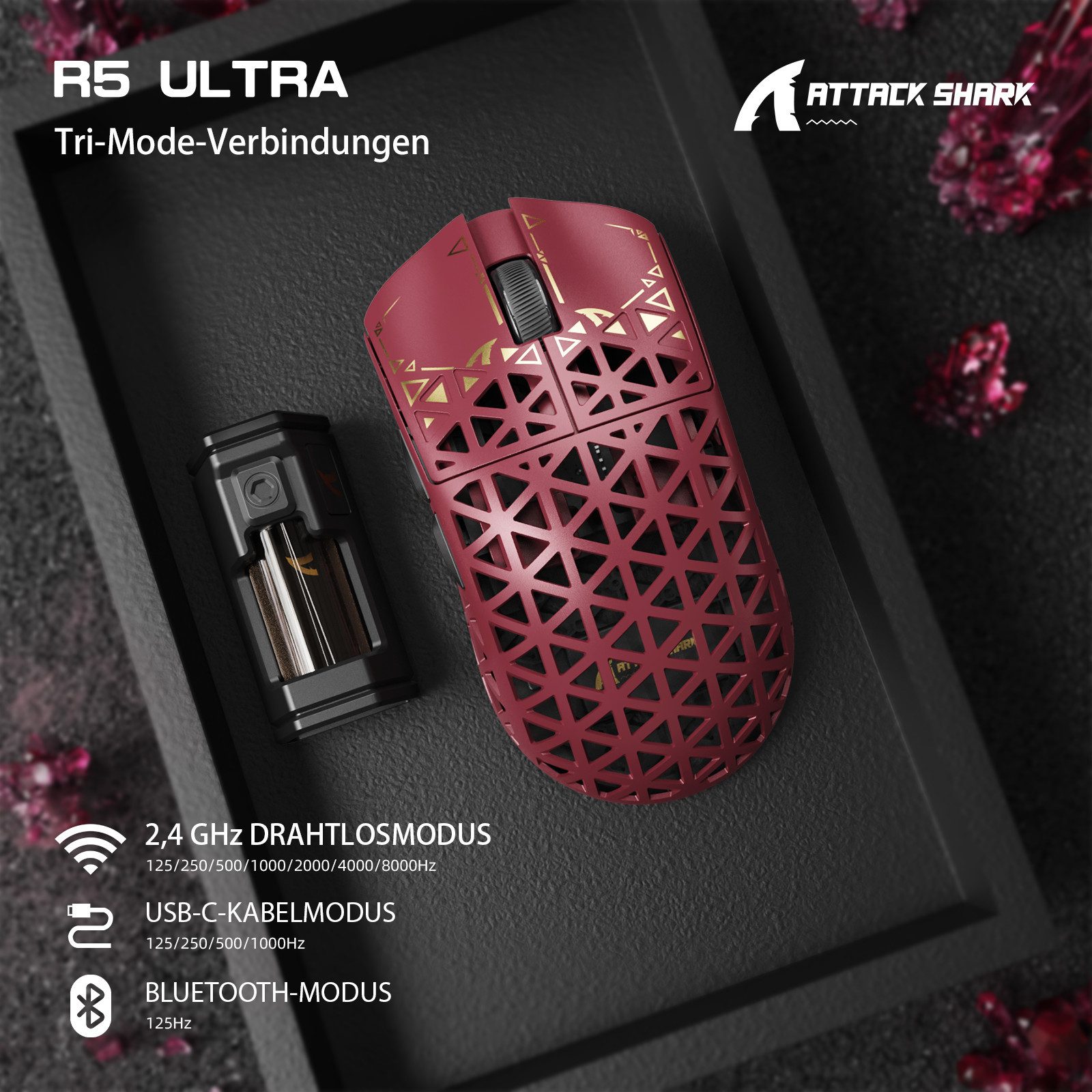 ATTACK SHARK R5 Ultra Carbonfaser Gaming-Maus,39g,8000Hz,42000 DPI,PAW3950MAX Gaming-Maus (2.4G, Bluetooth, kabelgebunden)